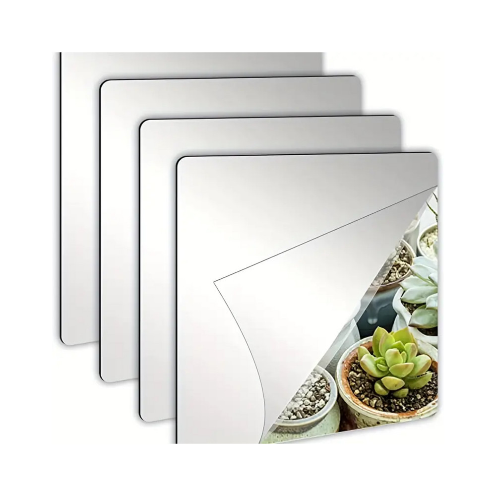 Kuber Industries Self Adhesive Mirror Stickers For Wall|Square Wall Mirror Stickers|Flexible Mirror For Wall Décor, Living Room|Premium Acrylic Material &quot;8&quot; Inch|Pack of 4  (Silver)