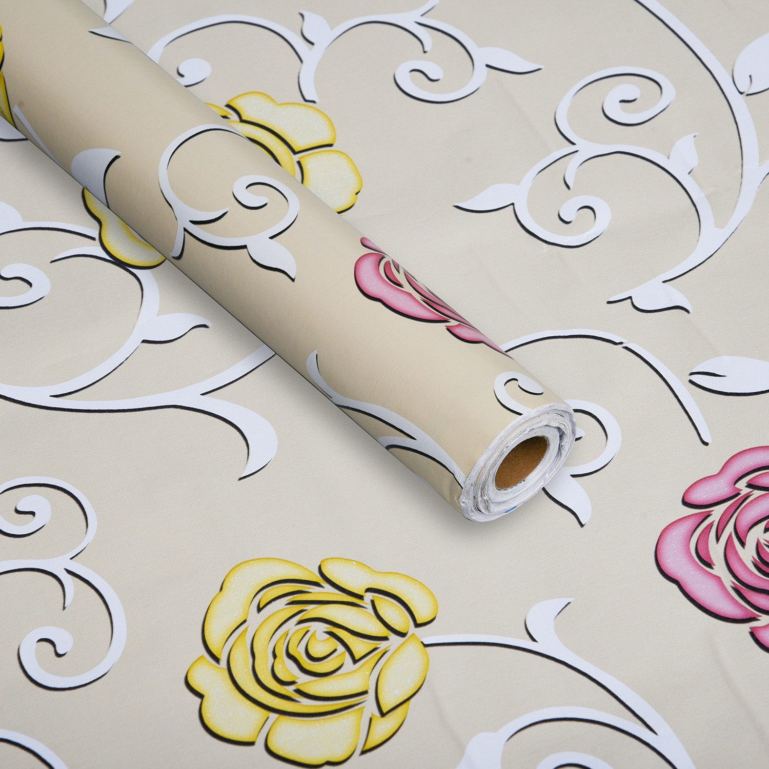 Kuber Industries Self Adhesive Wallpaper Sheet|Vinyl PVC Flower Print Wall Stickers Peel and Stick for Furniture, Almirah, Table Top, Wardrobe, Kitchen Cupboard,Bedroom-10 Meter,(Cream)