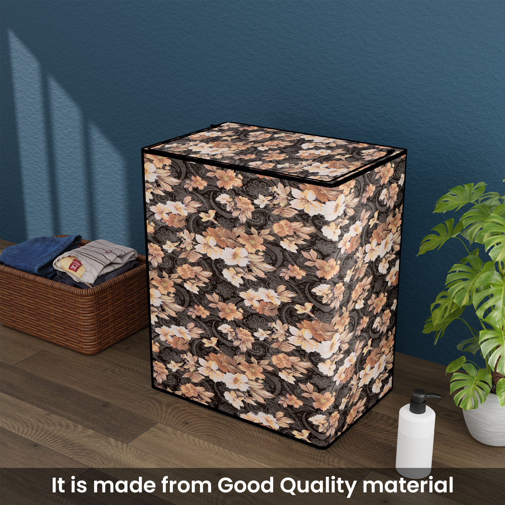 Kuber Industries SemiFully Automatic Top Load Washing Machine Cover 6 kg65 kg7 kg75 kg with Zip  Washing Machine Cover Top Load with Cuts for Wires  Pipes  Flower- Grey  Brown