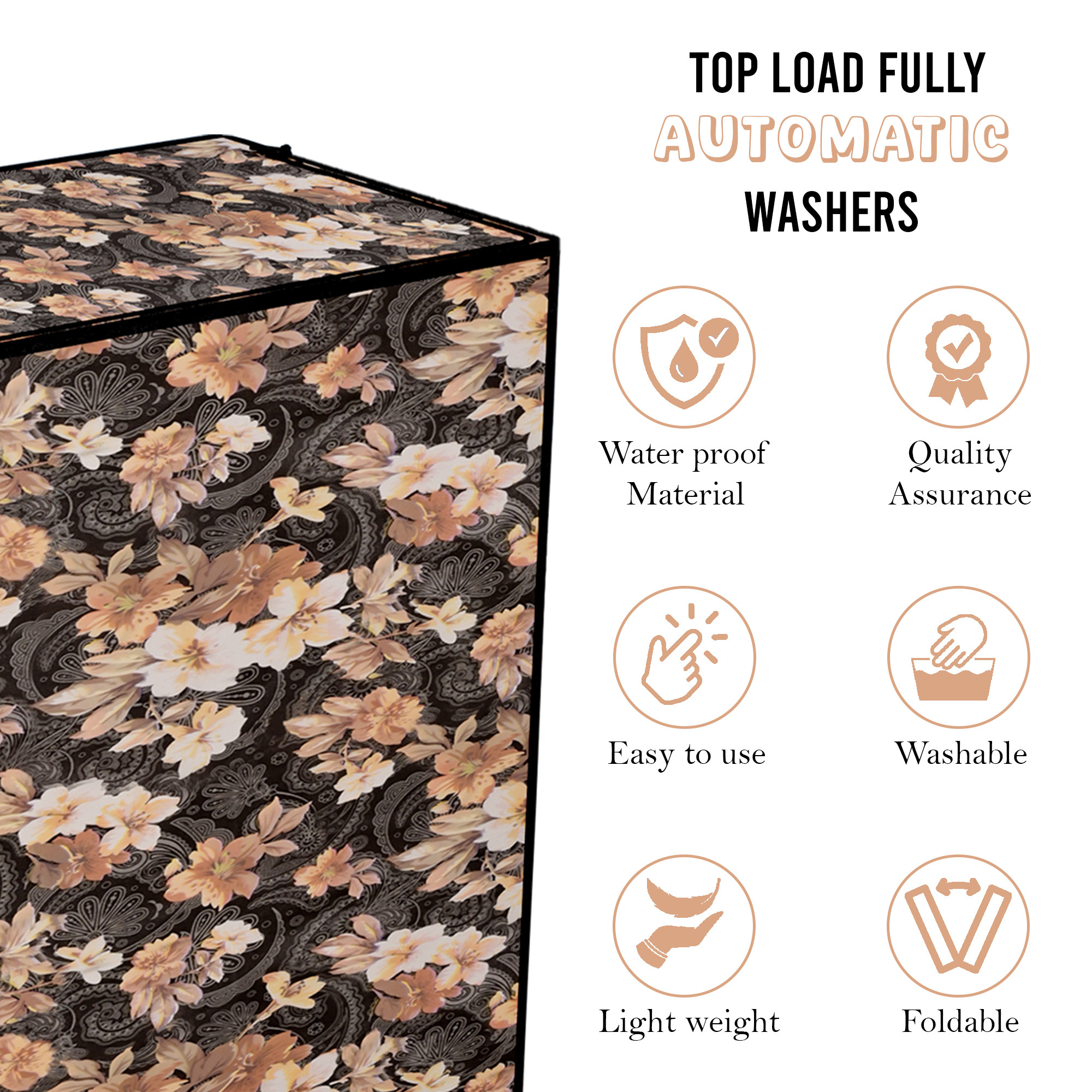 Kuber Industries SemiFully Automatic Top Load Washing Machine Cover 6 kg65 kg7 kg75 kg with Zip  Washing Machine Cover Top Load with Cuts for Wires  Pipes  Flower- Grey  Brown