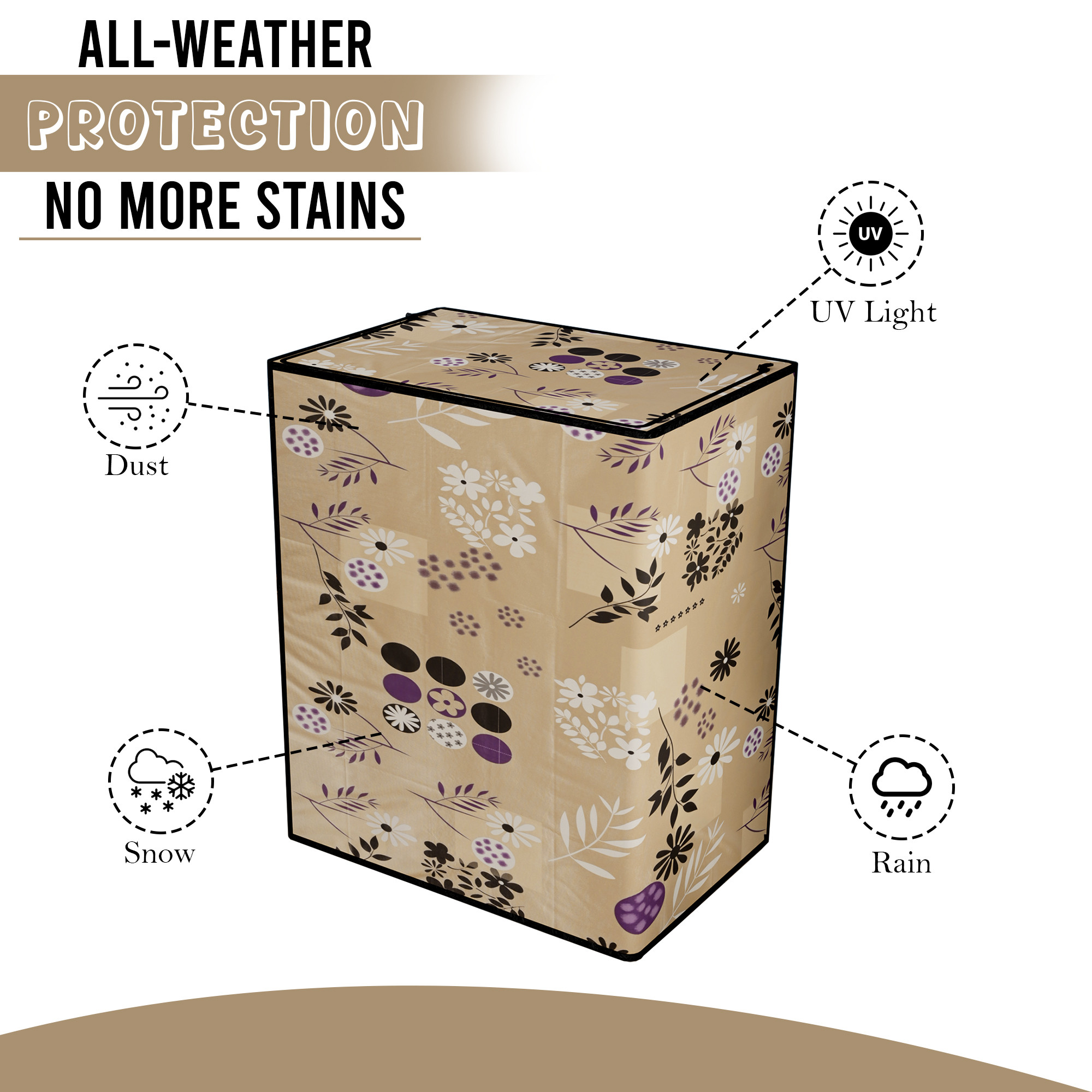 Kuber Industries SemiFully Automatic Top Load Washing Machine Cover 6 kg65 kg7 kg75 kg with Zip  Washing Machine Cover Top Load with Cuts for Wires  Pipes  Flower- Light Brown