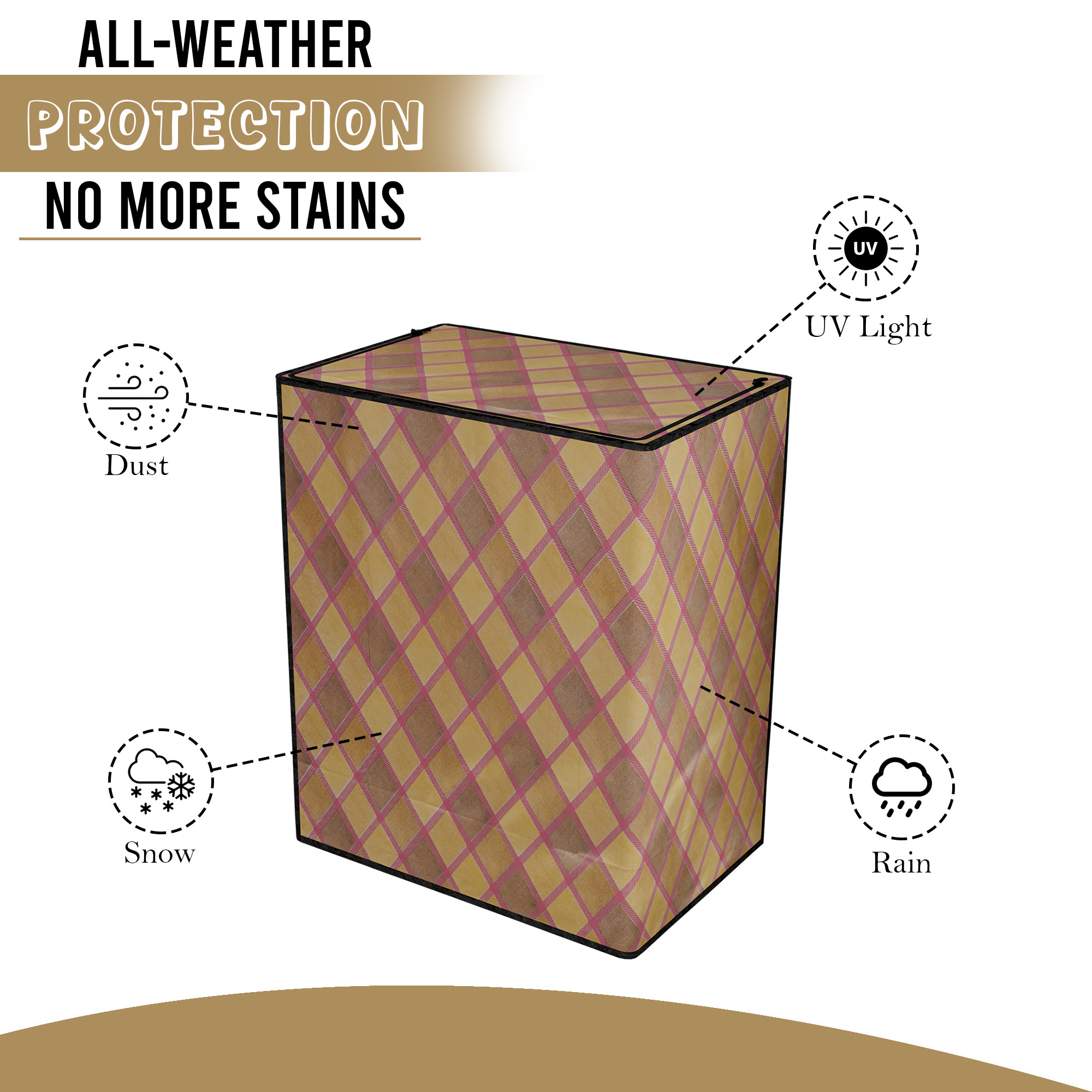 Kuber Industries SemiFully Automatic Top Load Washing Machine Cover 6 kg65 kg7 kg75 kg with Zip  Washing Machine Cover Top Load with Cuts for Wires  Pipes  Golden Check- Maroon