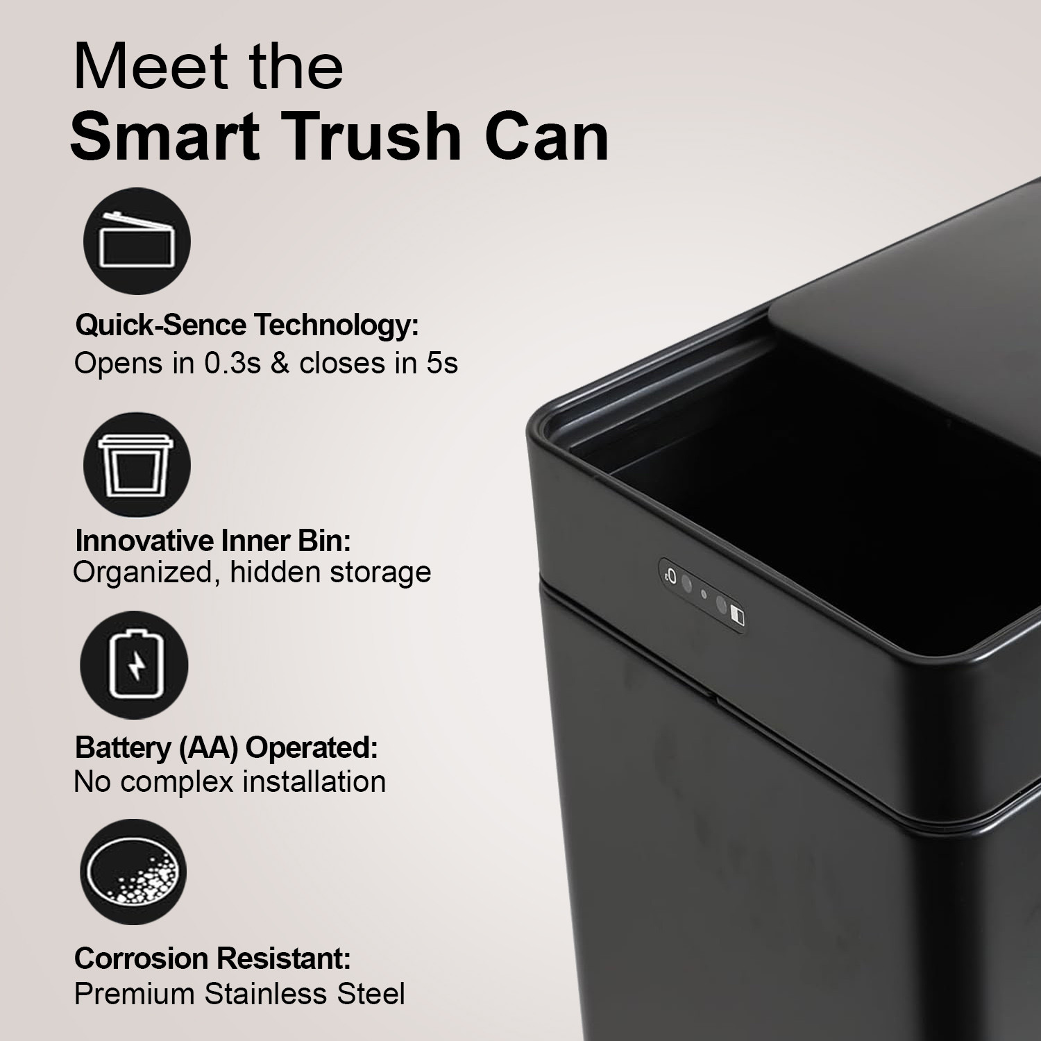 Kuber Industries Sensor Dustbin | Rectangular Big Sensor Dustbin | Touchless Trash Can | Smart Dustbin for Bedroom-Office-Living Room | Automatic Garbage Can | HN-ZS02-BLK-42L | Black