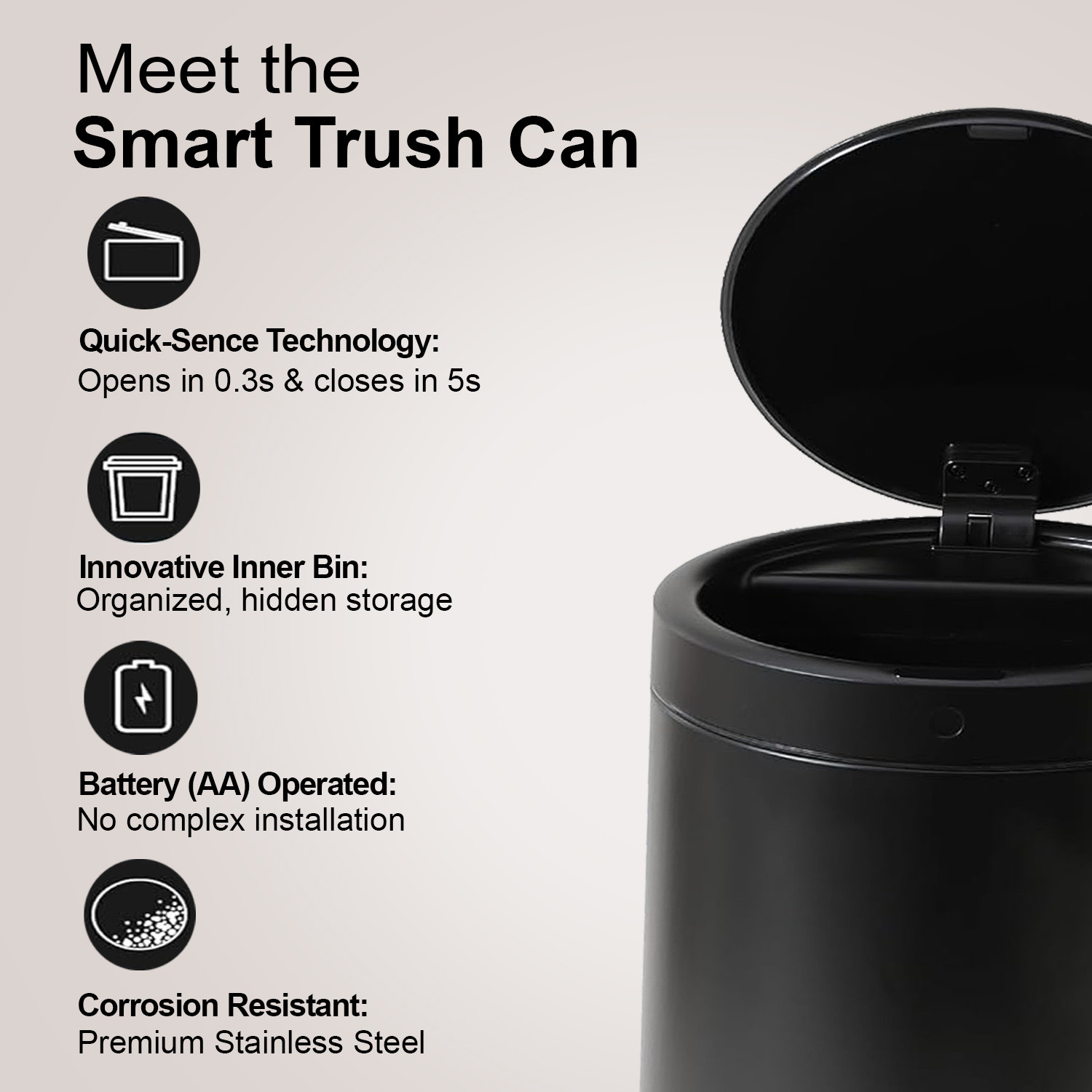 Kuber Industries Sensor Dustbin | Rotating Motion-Sensor Dustbin | Touchless Trash Can | Smart Dustbin for Bedroom-Office-Living Room | Automatic Garbage Can | HN-ZQ-BLK-30L | Black