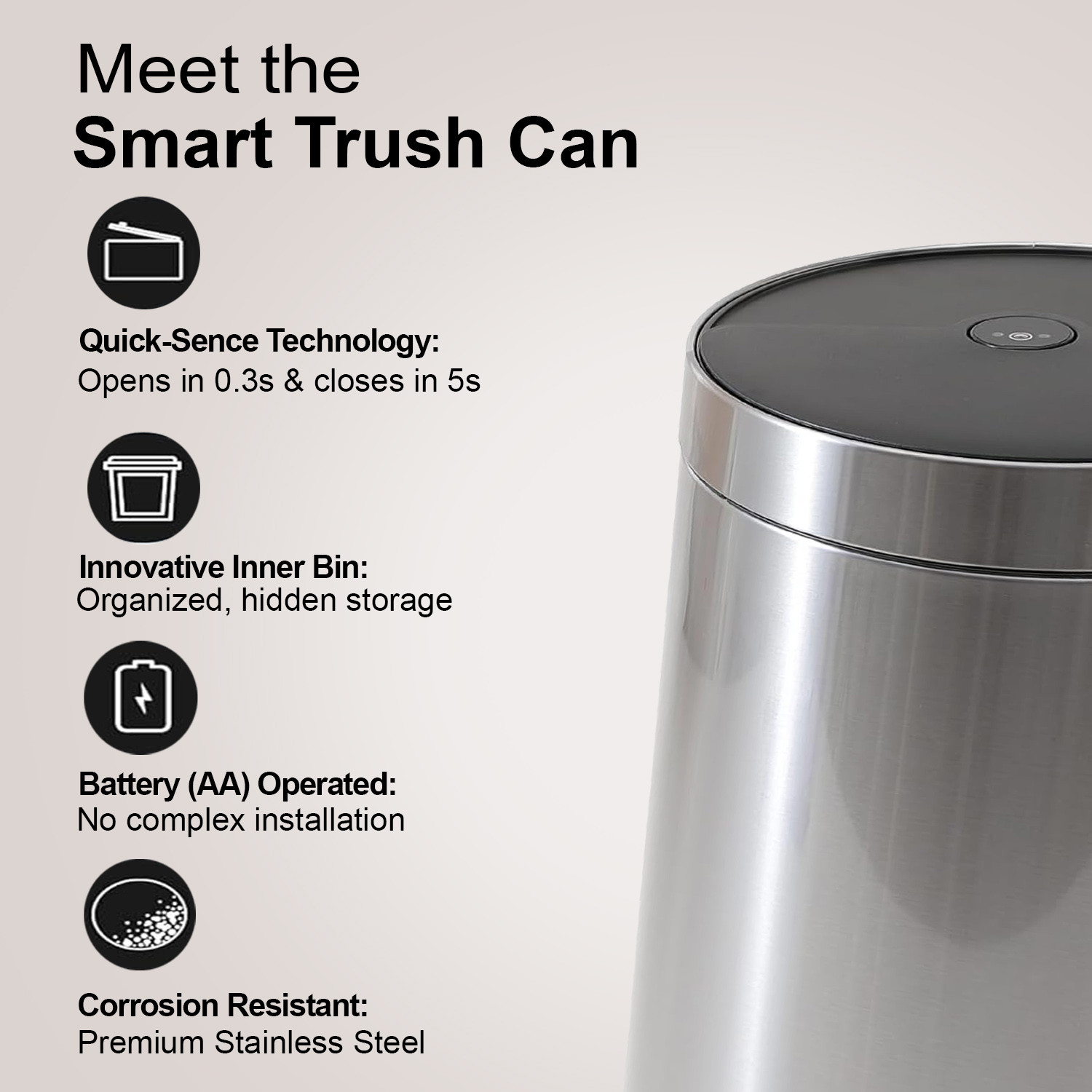 Kuber Industries Sensor Dustbin | Rotating Motion-Sensor Dustbin | Touchless Trash Can | Smart Dustbin for Bedroom-Office-Living Room | Automatic Garbage Can | HN-ZQ-S -30L | Silver