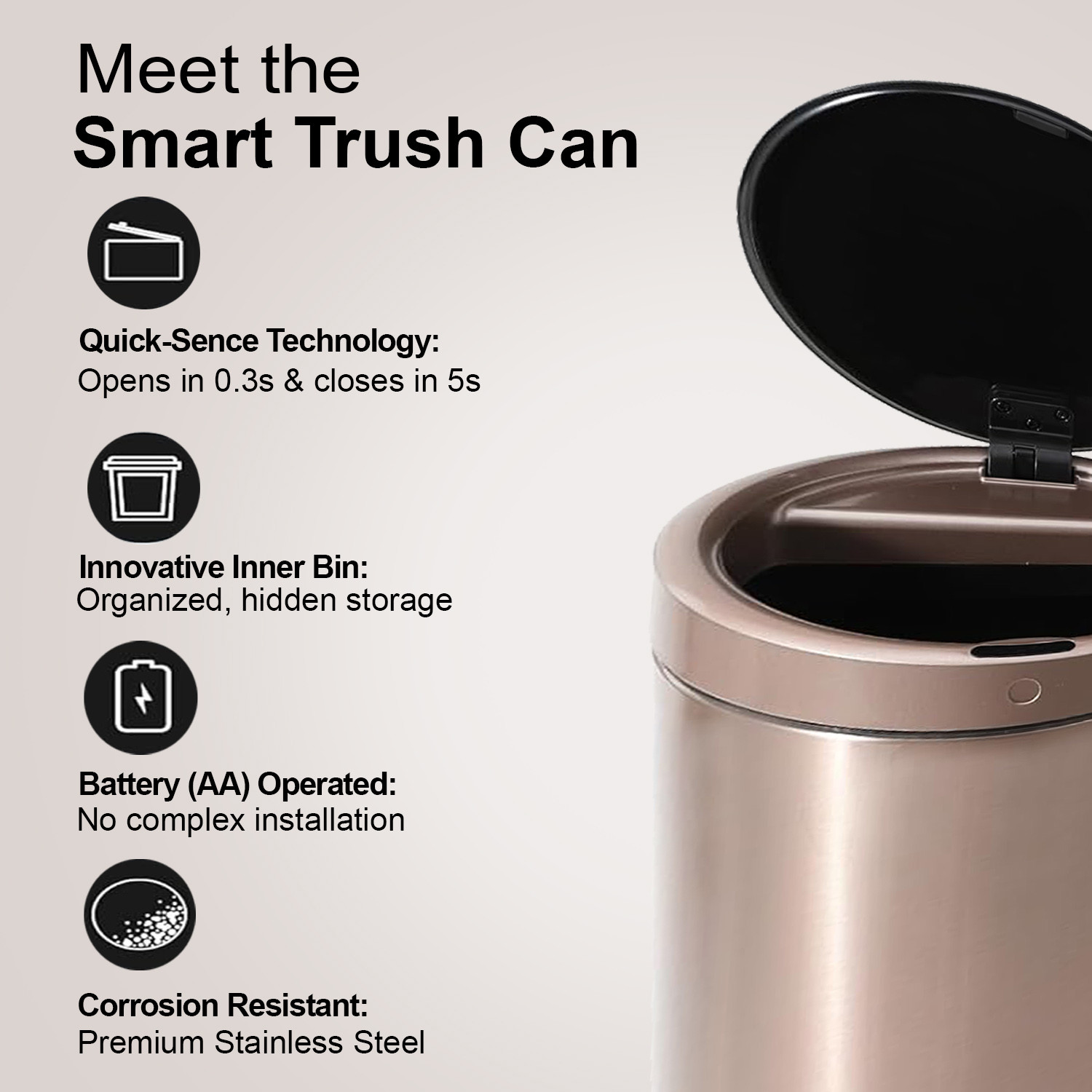 Kuber Industries Sensor Dustbin | Round Sensor Dustbin | Touchless Trash Can | Smart Dustbin for Bedroom-Office-Living Room | Automatic Garbage Can | HN-ZY-RG-9L | Rose Gold