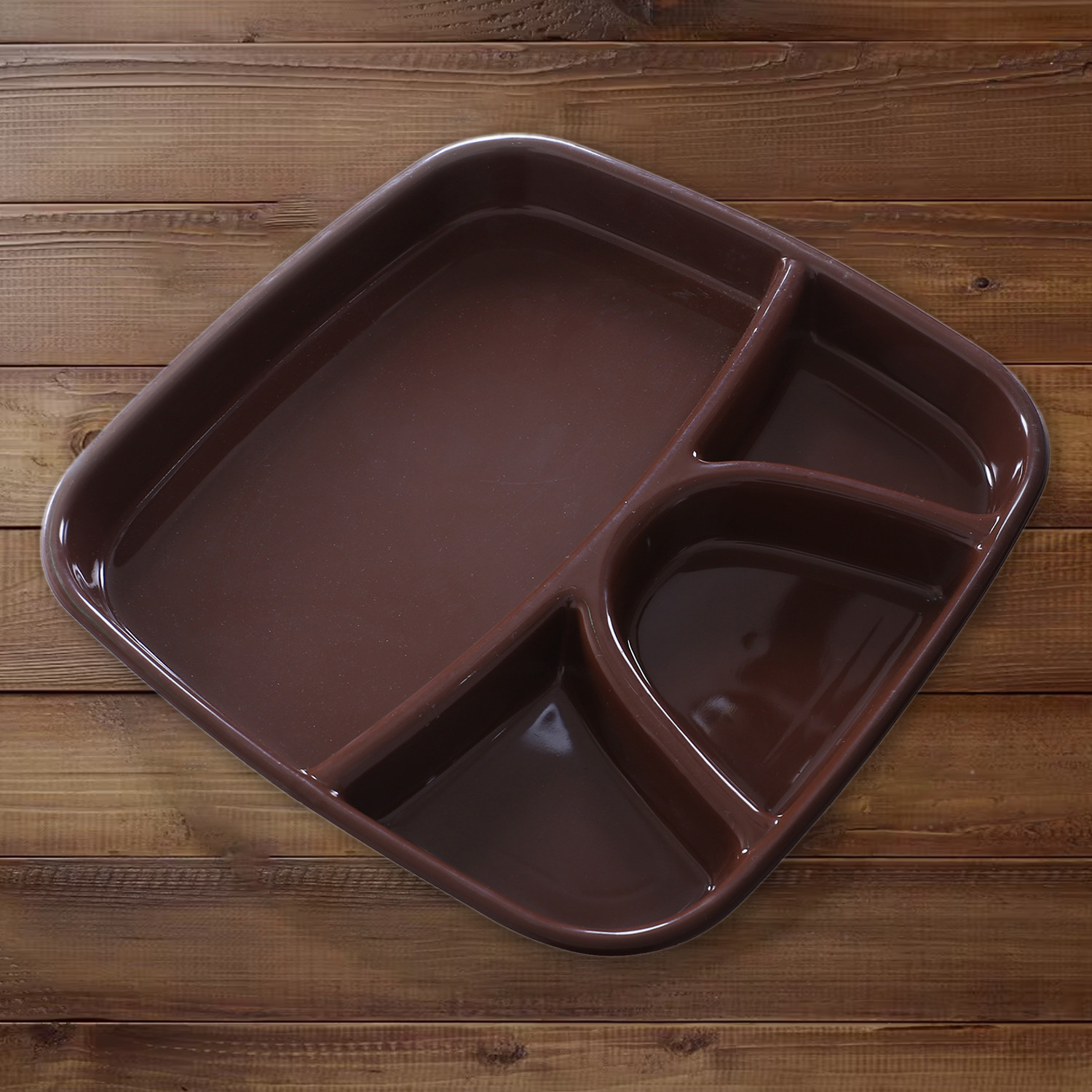 Kuber Industries Serving Plate|Plate Set For Dinner|Unbreakable Plastic Plates|Microwave Safe Plates|Food Organizer With 4 Partitions|(Brown)