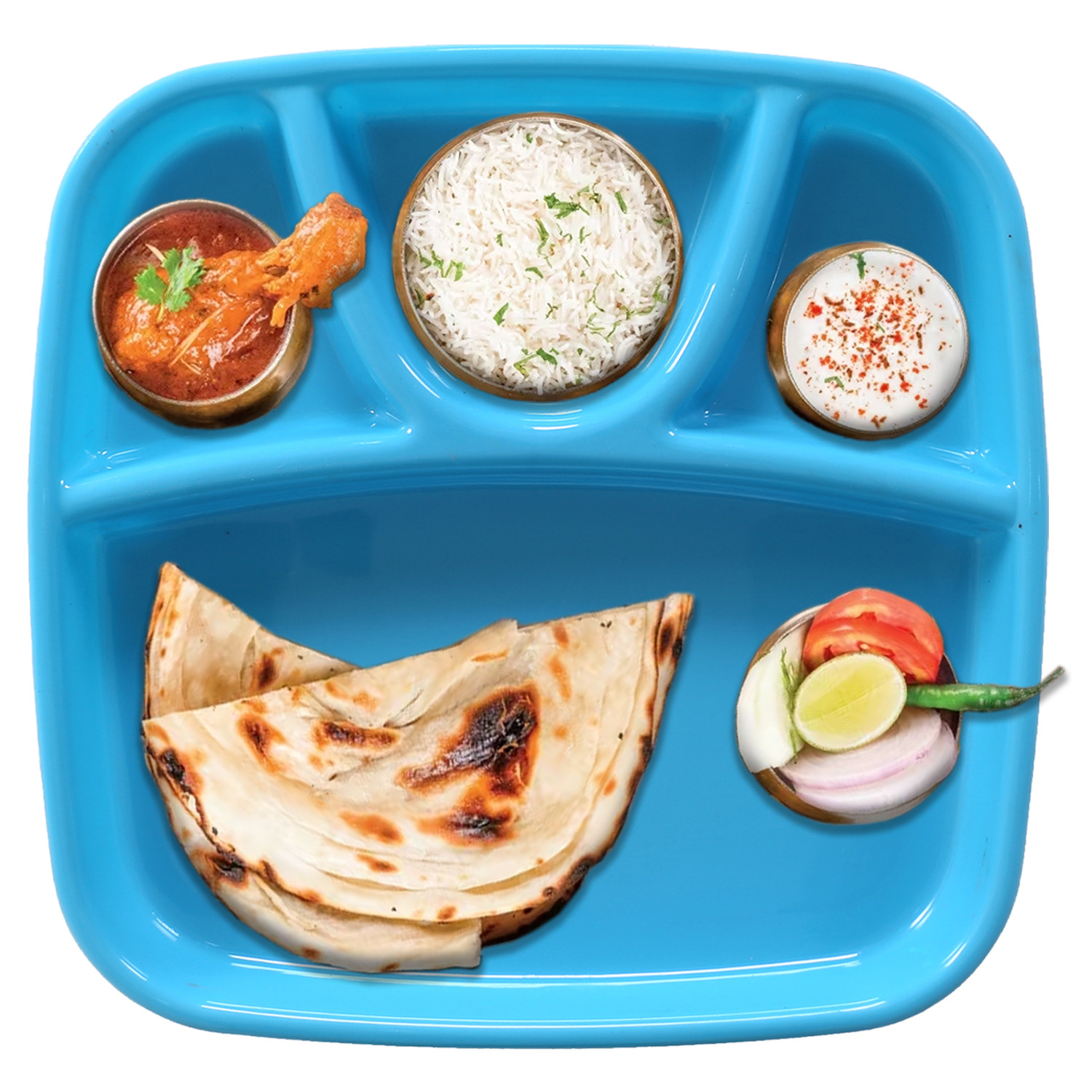 Kuber Industries Serving Plate|Plate Set For Dinner|Unbreakable Plastic Plates|Microwave Safe Plates|Food Organizer With 4 Partitions|(Sky Blue)