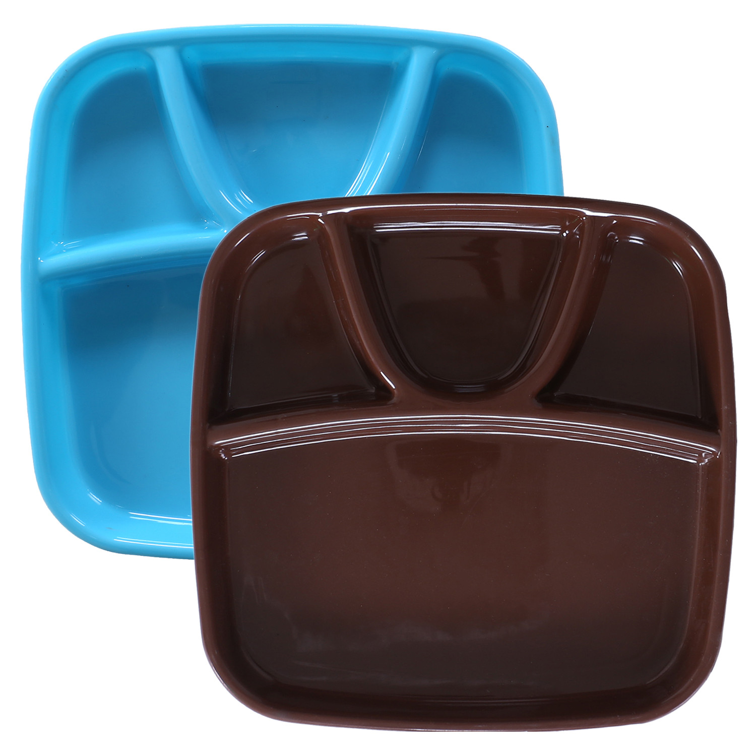 Kuber Industries Serving Plate|Plate Set For Dinner|Unbreakable Plastic Plates|Microwave Safe Plates|Food Organizer With 4 Partitions|(Sky Blue & Brown)