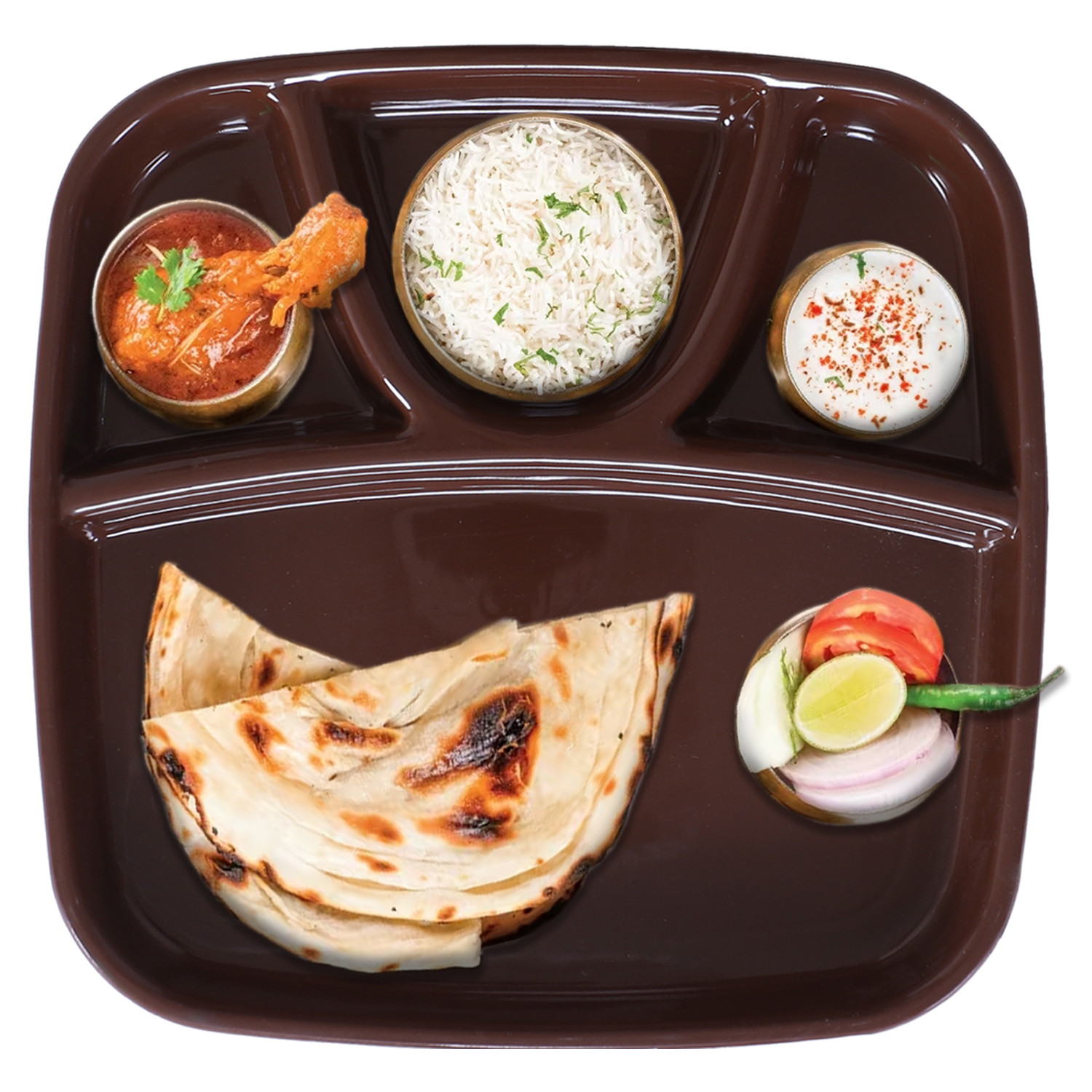Kuber Industries Serving Plate|Plate Set For Dinner|Unbreakable Plastic Plates|Microwave Safe Plates|Food Organizer With 4 Partitions|(Sky Blue & Brown)
