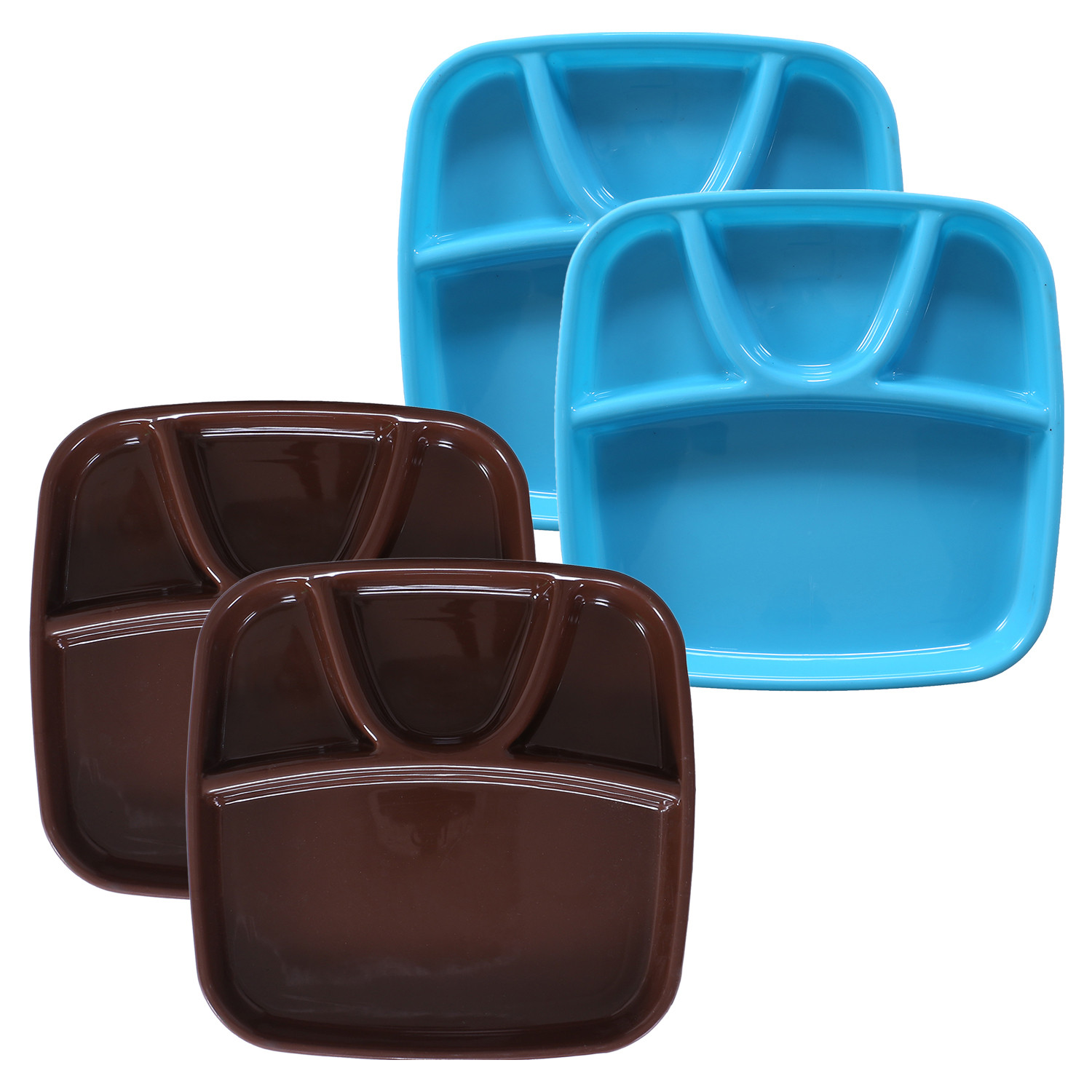 Kuber Industries Serving Plate|Plate Set For Dinner|Unbreakable Plastic Plates|Microwave Safe Plates|Food Organizer With 4 Partitions|(Sky Blue & Brown)