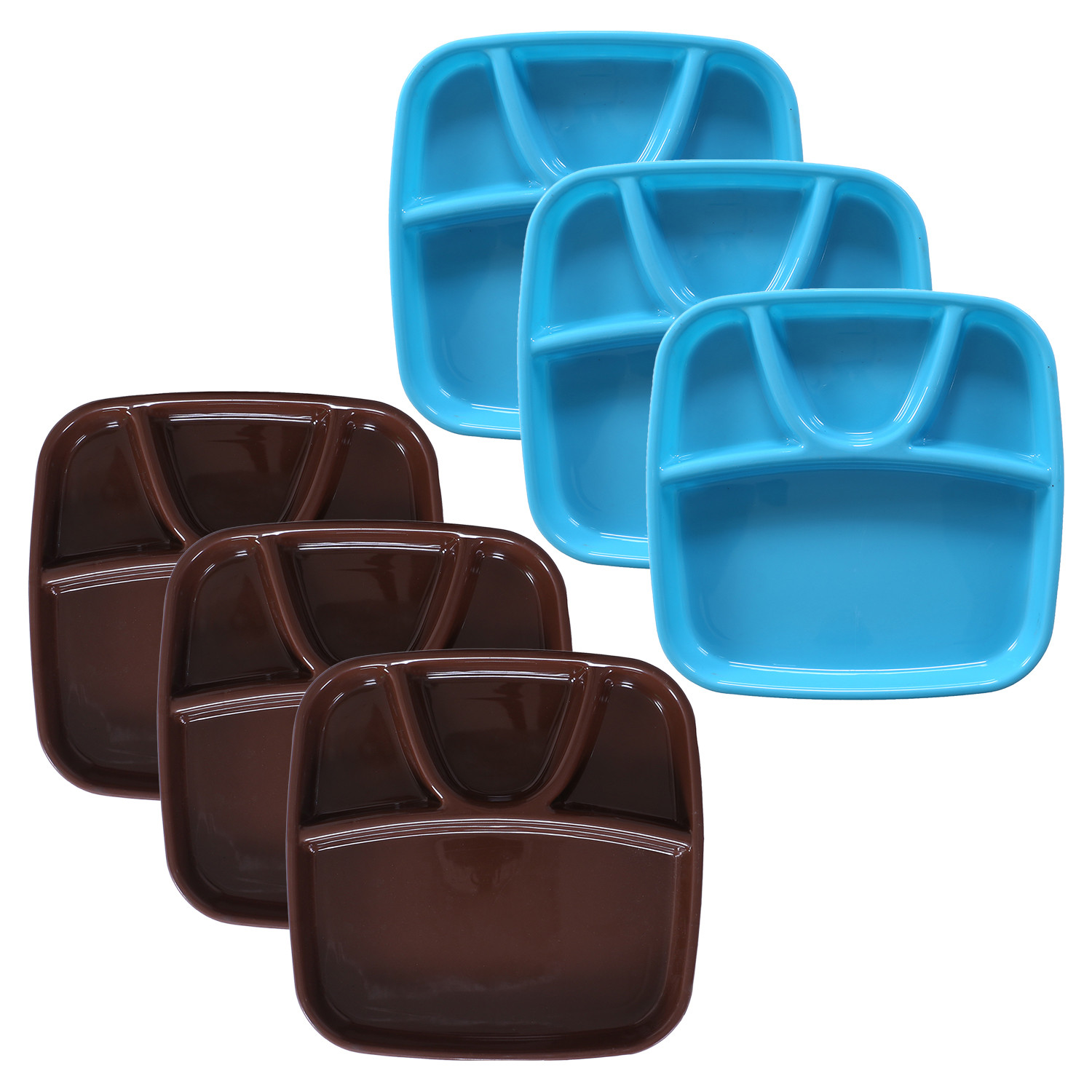 Kuber Industries Serving Plate|Plate Set For Dinner|Unbreakable Plastic Plates|Microwave Safe Plates|Food Organizer With 4 Partitions|(Sky Blue & Brown)
