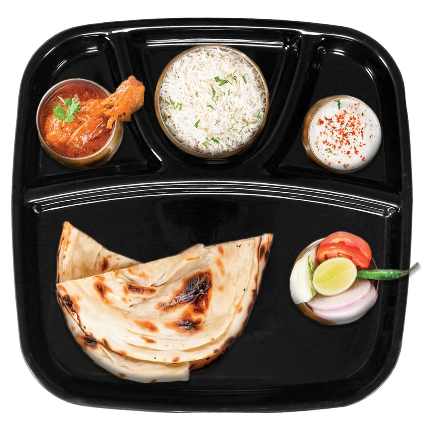 Kuber Industries Serving Plate|Plate Set For Dinner|Unbreakable Plastic Plates|Microwave Safe Plates|Food Organizer With 4 Partitions|(Sky Blue & Black)