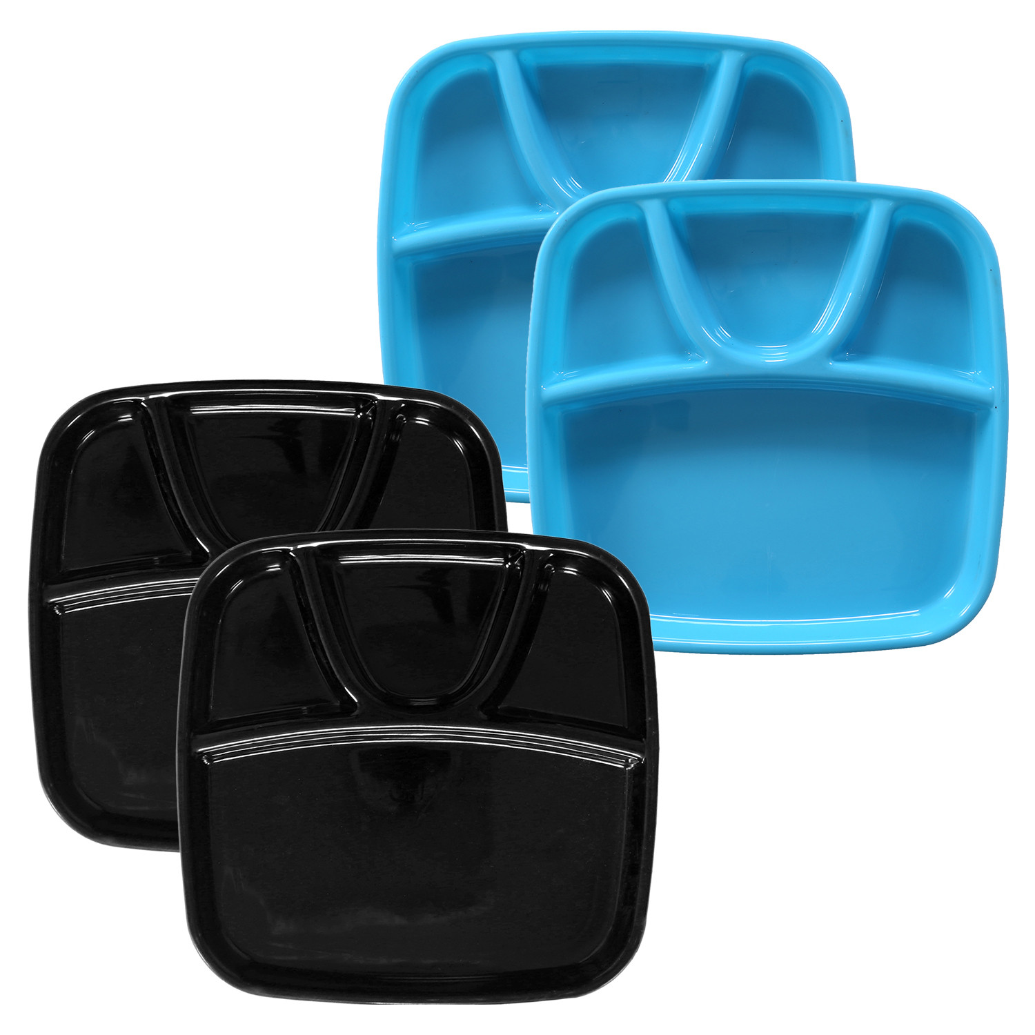 Kuber Industries Serving Plate|Plate Set For Dinner|Unbreakable Plastic Plates|Microwave Safe Plates|Food Organizer With 4 Partitions|(Sky Blue & Black)