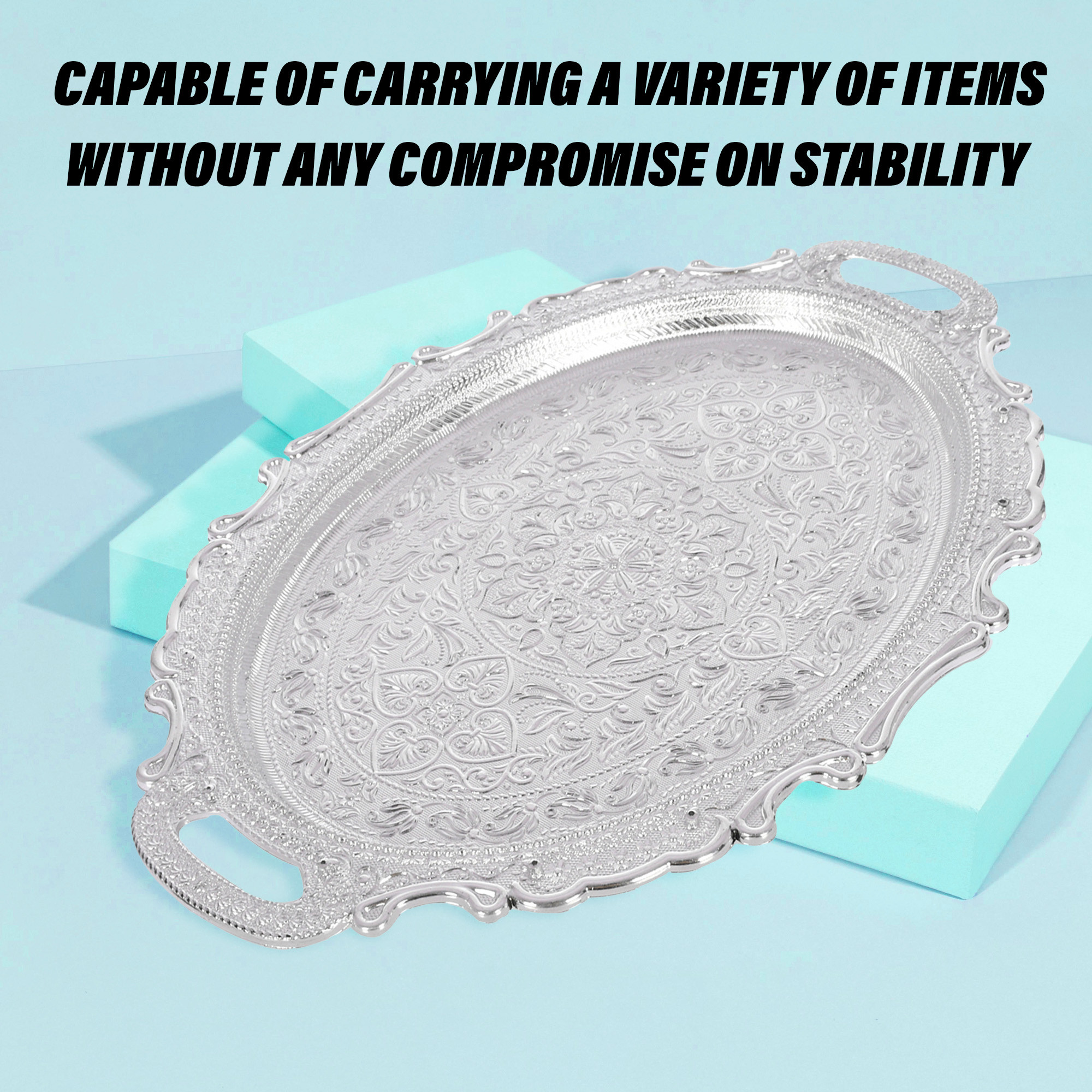 Kuber Industries Serving Tray | Serving Tray for Kitchen | Serving Tray for Guest | Serving Tray with Handles | Dining Table Tray | Serving Dish Tray | Serving Platter | Silver