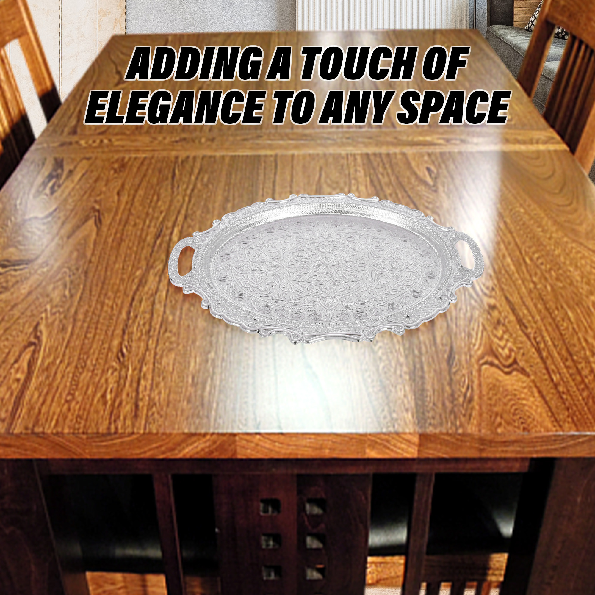 Kuber Industries Serving Tray | Serving Tray for Kitchen | Serving Tray for Guest | Serving Tray with Handles | Dining Table Tray | Serving Dish Tray | Serving Platter | Silver