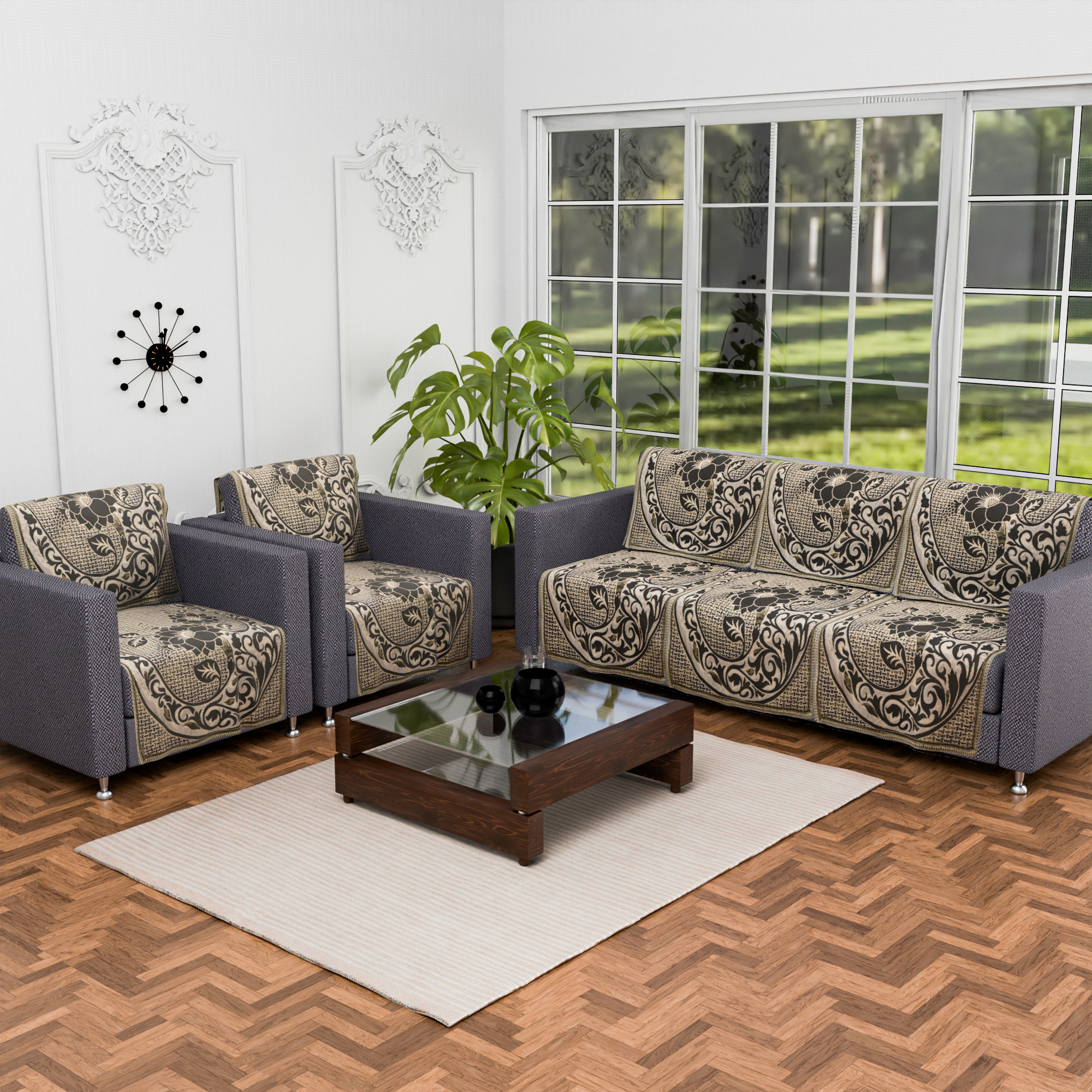 Kuber Industries Set of 10 5 seater sofa cover for Living Room  Durable  Stylish Sofa Slipcover Protector for Home Living Room  Office  Lotus Flower -Brown