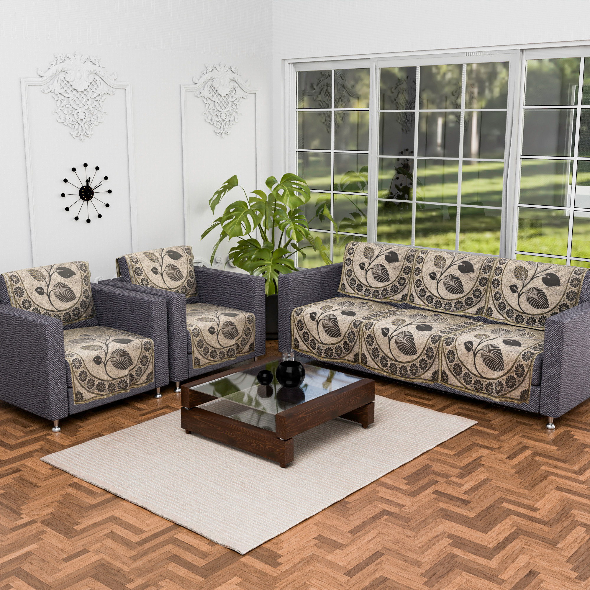 Kuber Industries Set of 10 5 seater sofa cover for Living Room  Durable  Stylish Sofa Slipcover Protector for Home Living Room  Office  Leaf Design -Brown