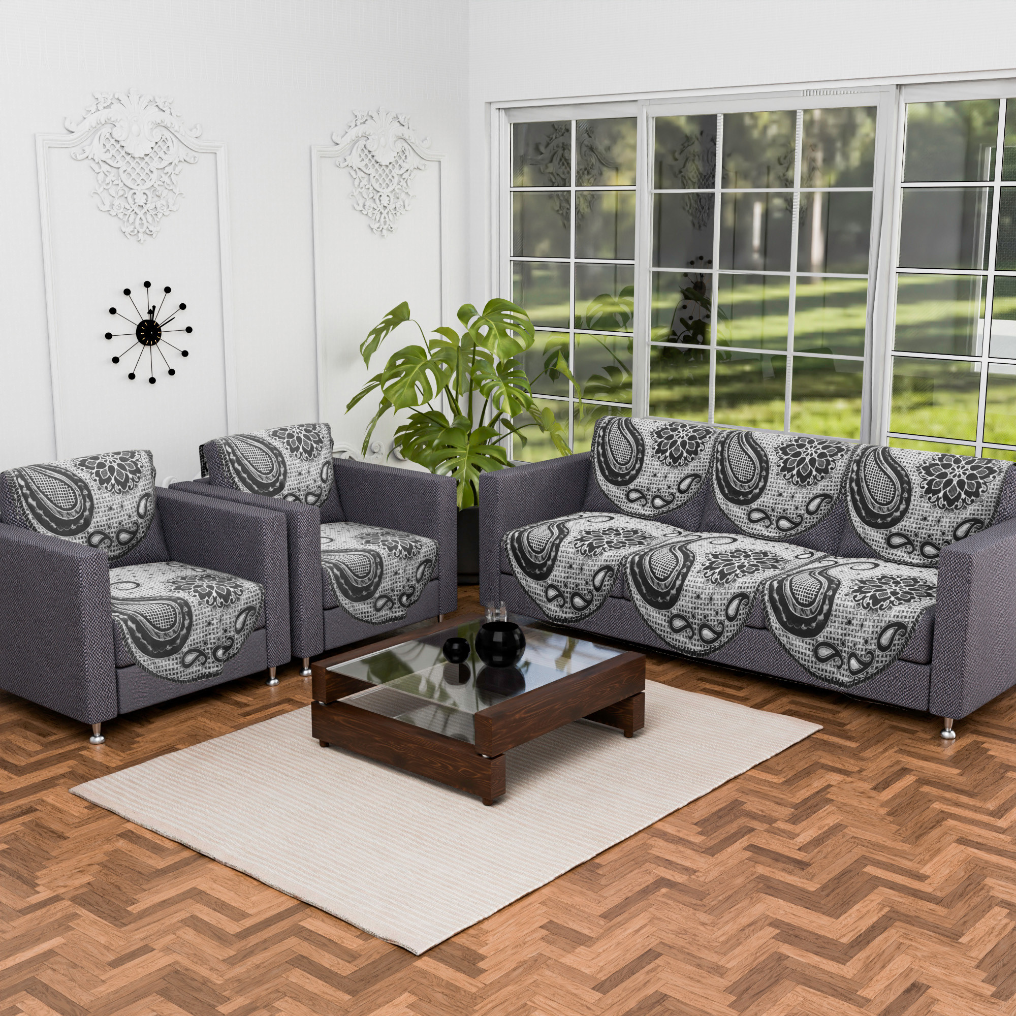 Kuber Industries Set of 10 5 seater sofa cover for Living Room  Durable  Stylish Sofa Slipcover Protector for Home Living Room  Office  Carry Flower -Black