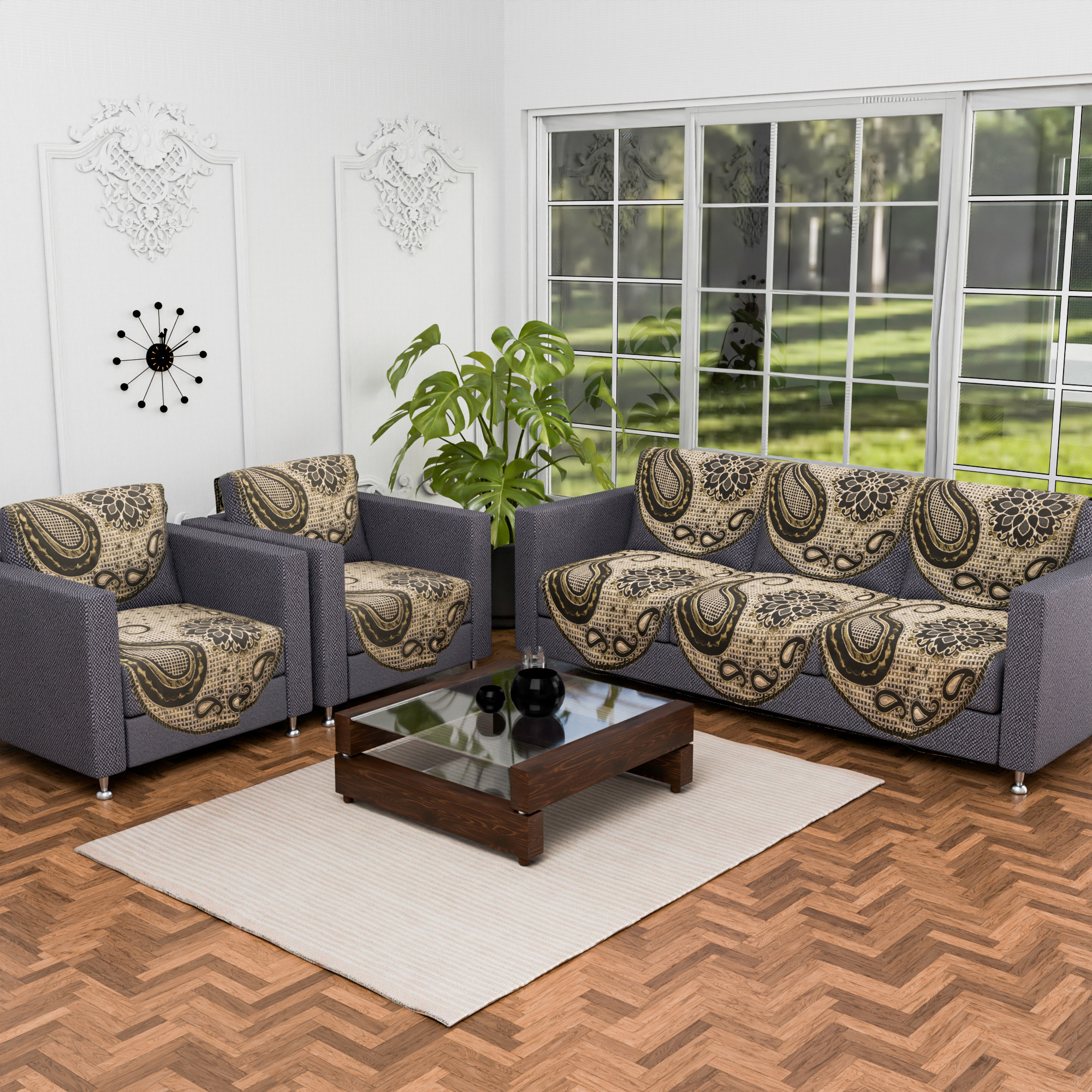 Kuber Industries Set of 10 5 seater sofa cover for Living Room  Durable  Stylish Sofa Slipcover Protector for Home Living Room  Office  Carry Flower -Brown