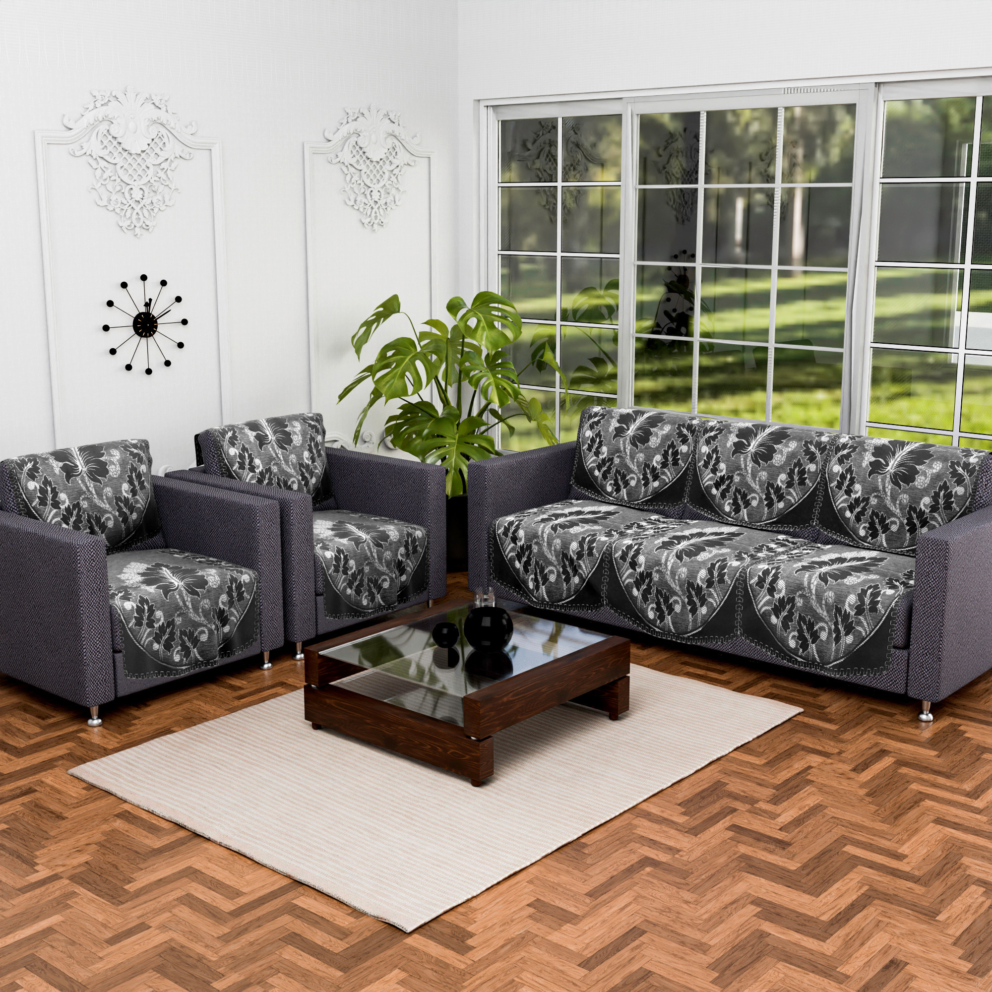 Kuber Industries Set of 10 Decorative Sofa Cover 5 Seater for Living Room  Durable Sofa Cover Protector for Home Living Room  Office  Leaf - Black  Silver