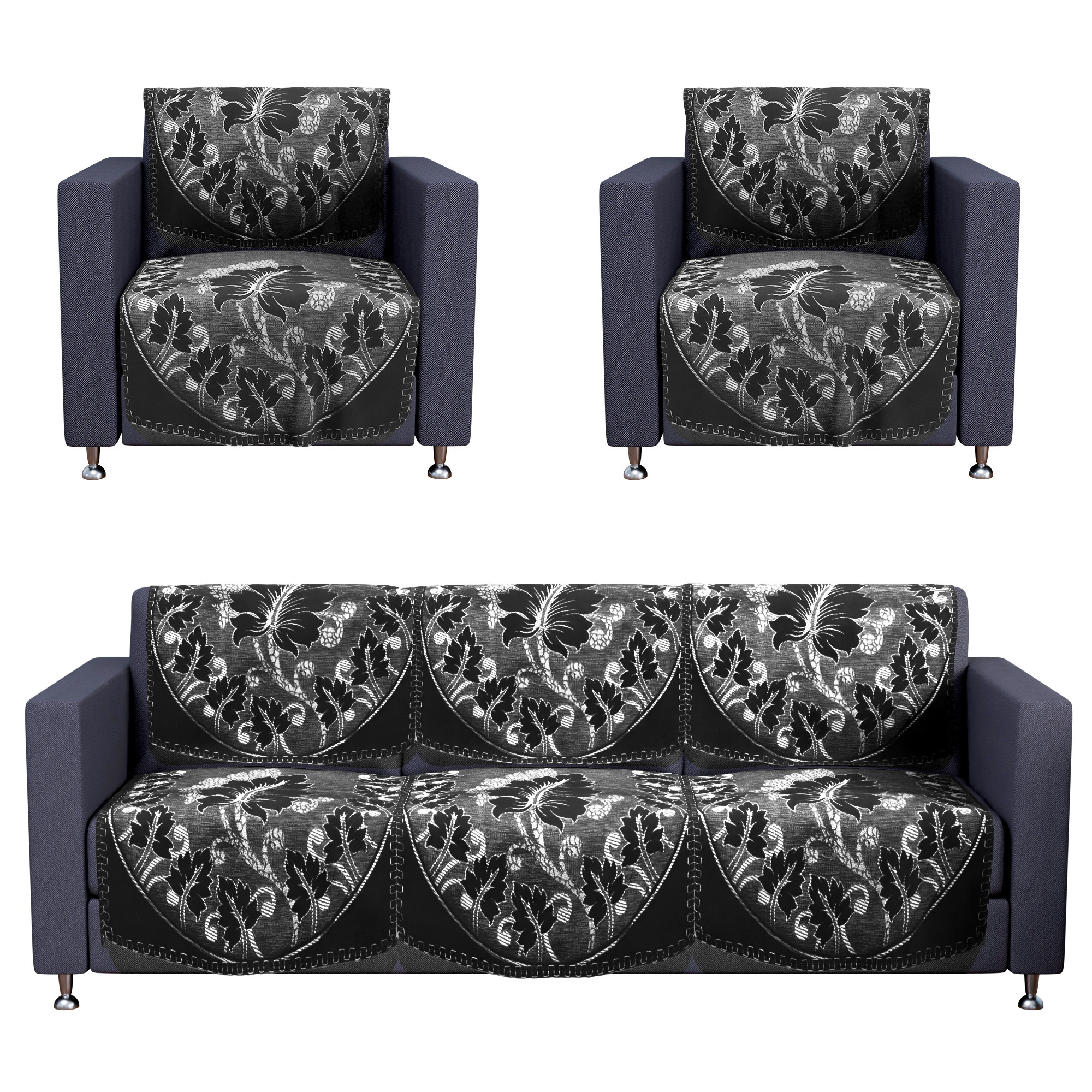 Kuber Industries Set of 10 Decorative Sofa Cover 5 Seater for Living Room  Durable Sofa Cover Protector for Home Living Room  Office  Leaf - Black  Silver