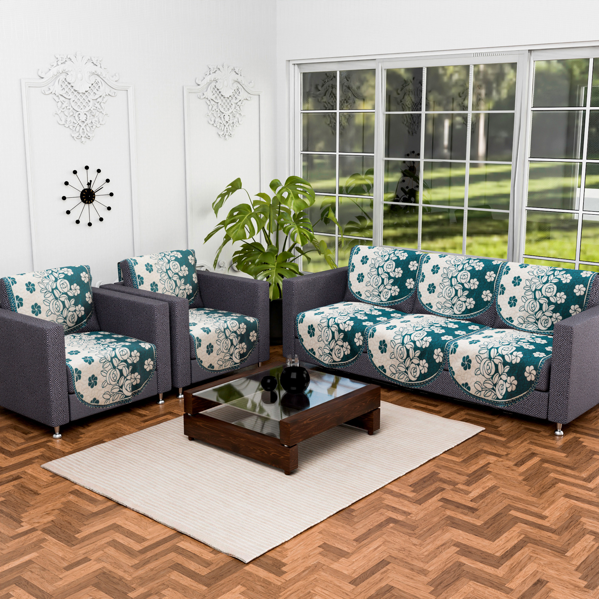 Kuber Industries Set of 10 Decorative Sofa Cover 5 Seater for Living Room  Durable Sofa Cover Protector for Home Living Room  Office  Gulab - Cream  Aqua Green