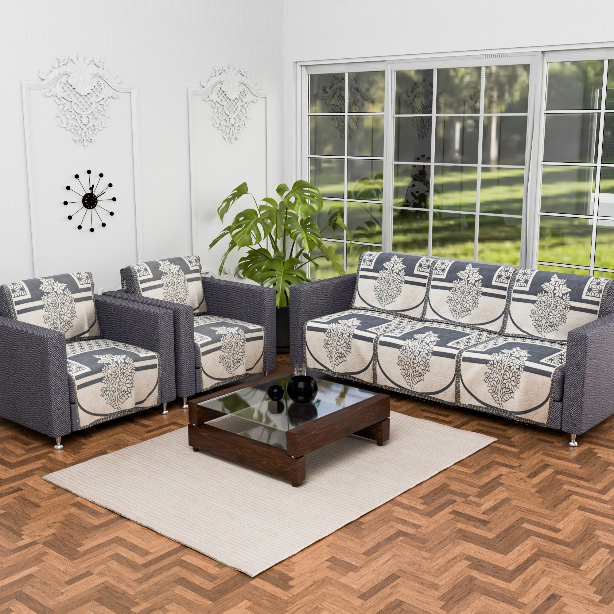 Kuber Industries Set of 10 Decorative Sofa Cover 5 Seater for Living Room  Durable Sofa Cover Protector for Home Living Room  Office  Flower - Cream  Grey