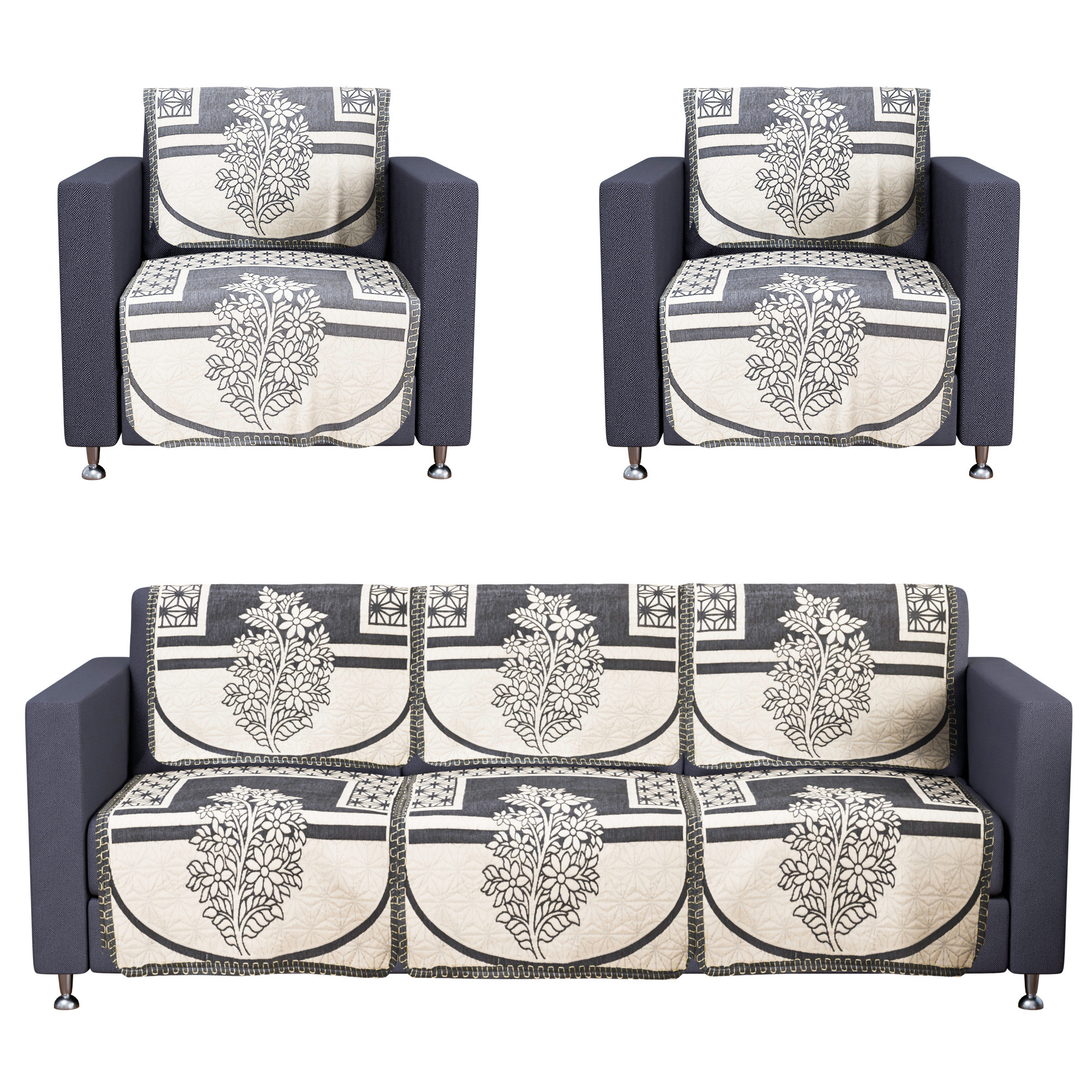 Kuber Industries Set of 10 Decorative Sofa Cover 5 Seater for Living Room  Durable Sofa Cover Protector for Home Living Room  Office  Flower - Cream  Grey