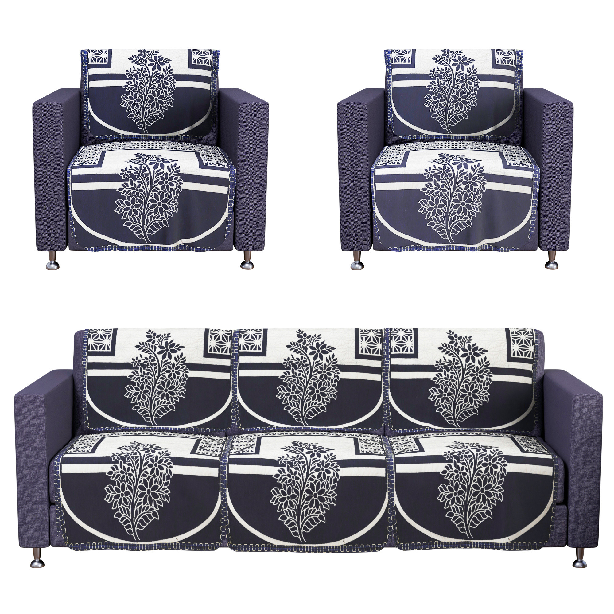 Kuber Industries Set of 10 Decorative Sofa Cover 5 Seater for Living Room  Durable Sofa Cover Protector for Home Living Room  Office  Flower - Cream  Dark Blue