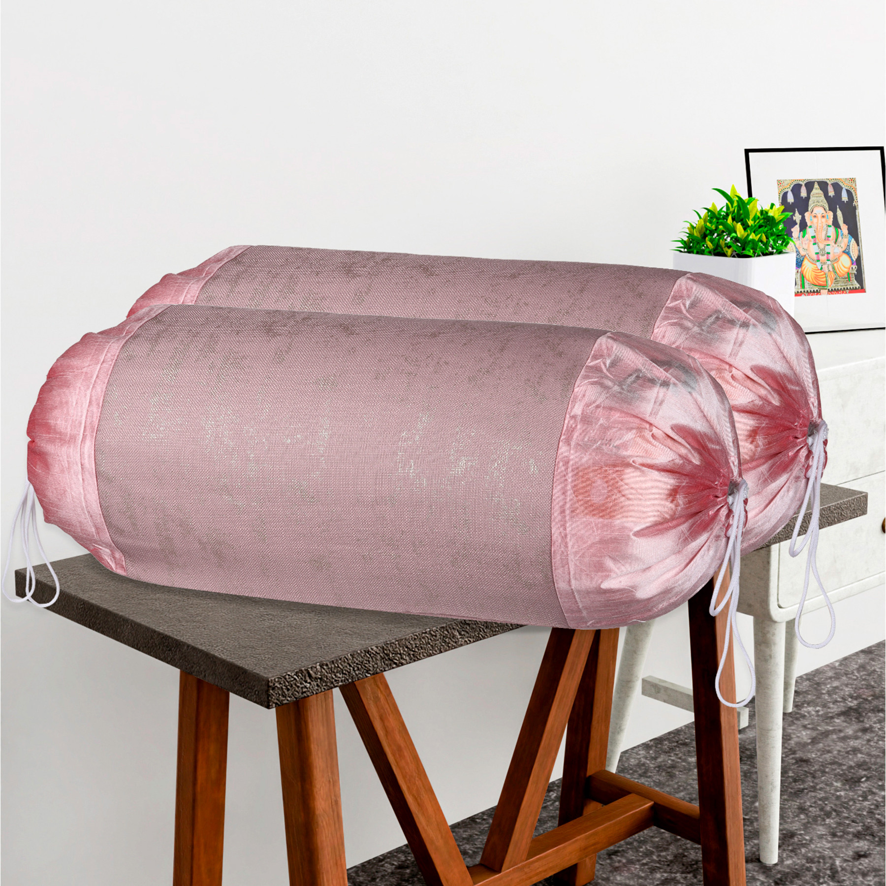 Kuber Industries Set of 2 16x30 Inches Aesthetic BolsterSide Pillow Cover  Washable Cylindrical Takiya  Round Pillow Cover for Home Decoration  Golden Swiss Print - Pink