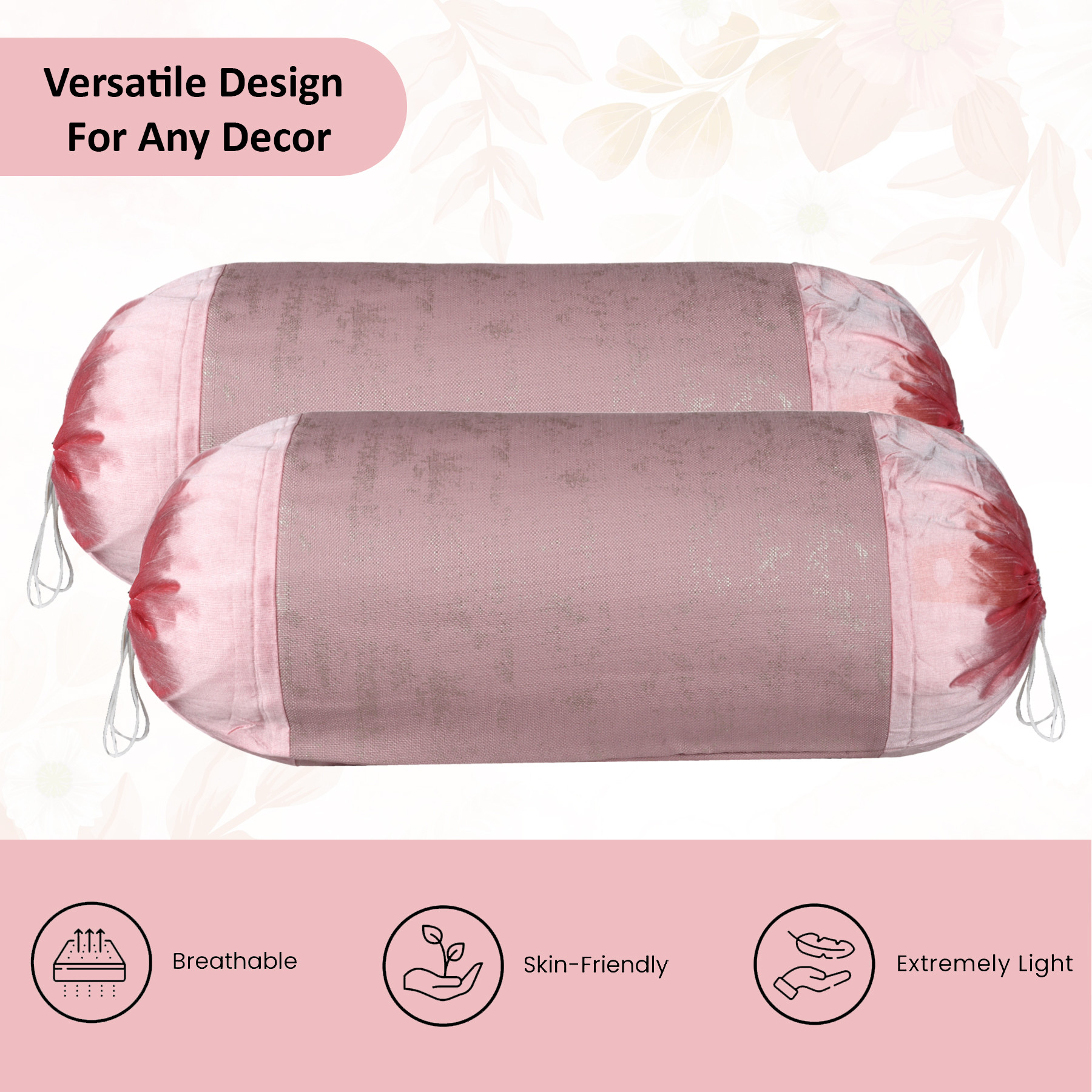 Kuber Industries Set of 2 16x30 Inches Aesthetic BolsterSide Pillow Cover  Washable Cylindrical Takiya  Round Pillow Cover for Home Decoration  Golden Swiss Print - Pink