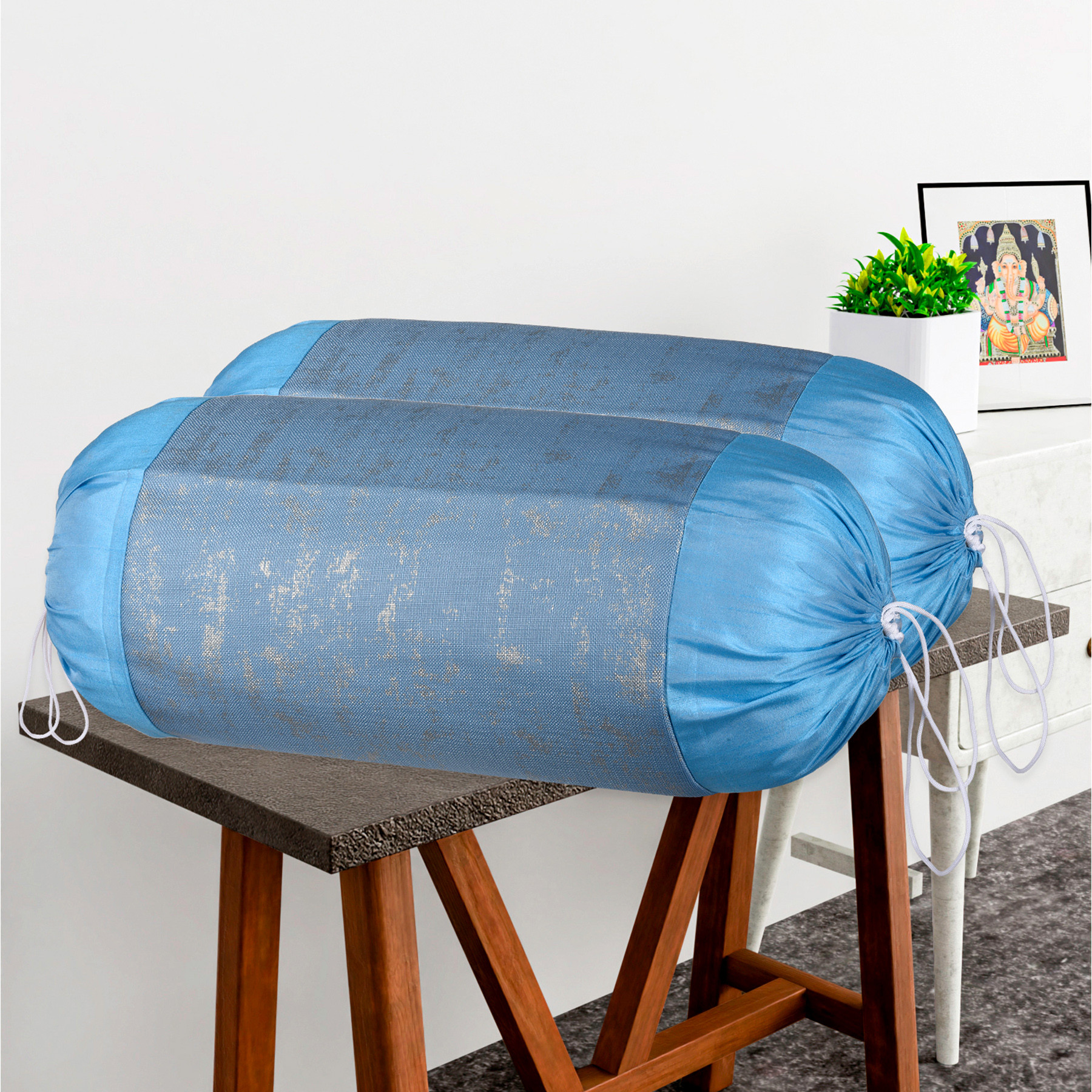 Kuber Industries Set of 2 16x30 Inches Aesthetic BolsterSide Pillow Cover  Washable Cylindrical Takiya  Round Pillow Cover for Home Decoration  Golden Swiss Print - Firozi