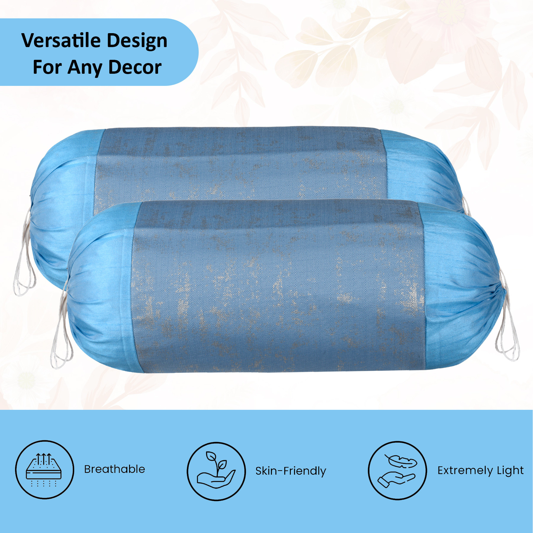 Kuber Industries Set of 2 16x30 Inches Aesthetic BolsterSide Pillow Cover  Washable Cylindrical Takiya  Round Pillow Cover for Home Decoration  Golden Swiss Print - Firozi