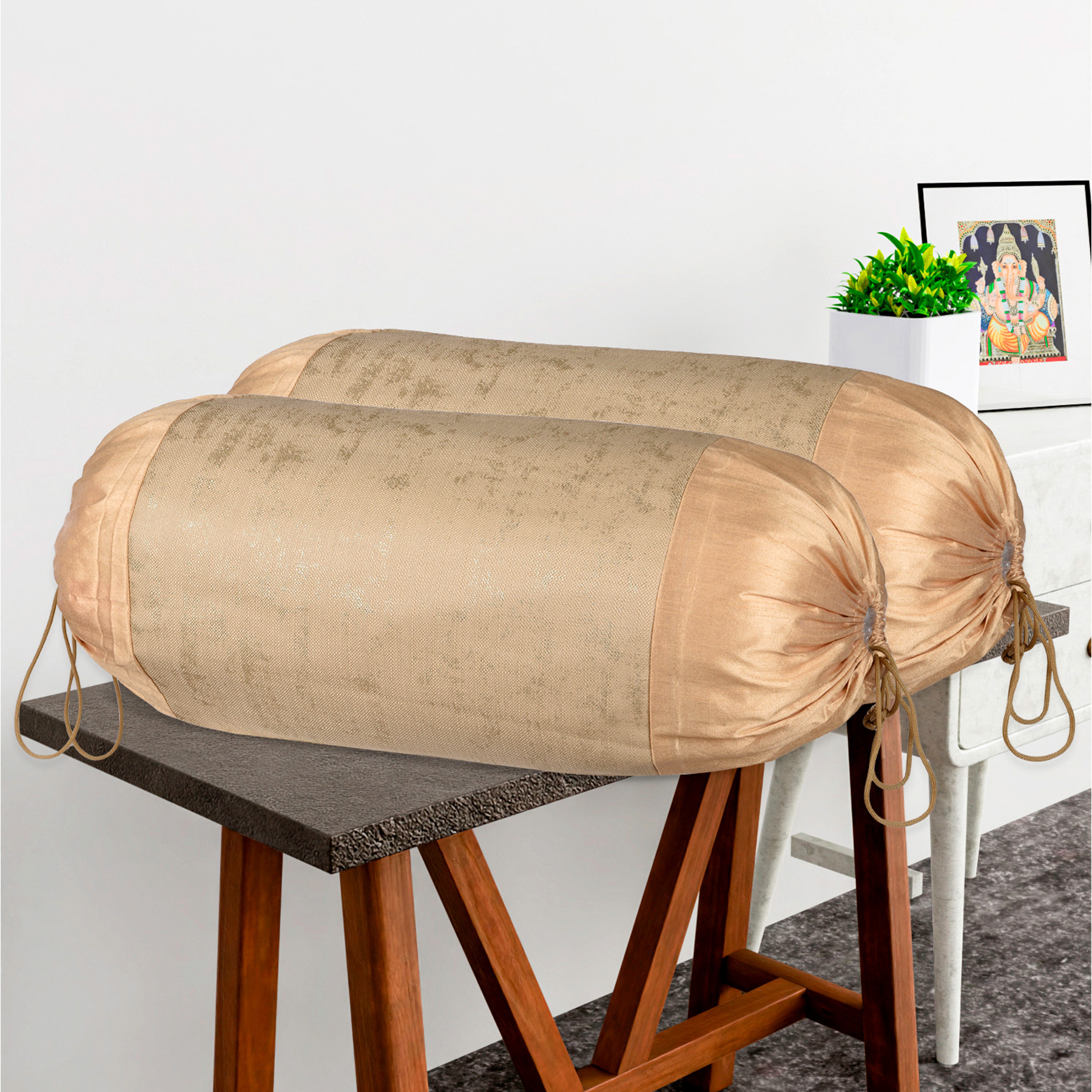 Kuber Industries Set of 2 16x30 Inches Aesthetic BolsterSide Pillow Cover  Washable Cylindrical Takiya  Round Pillow Cover for Home Decoration  Golden Swiss Print - Beige