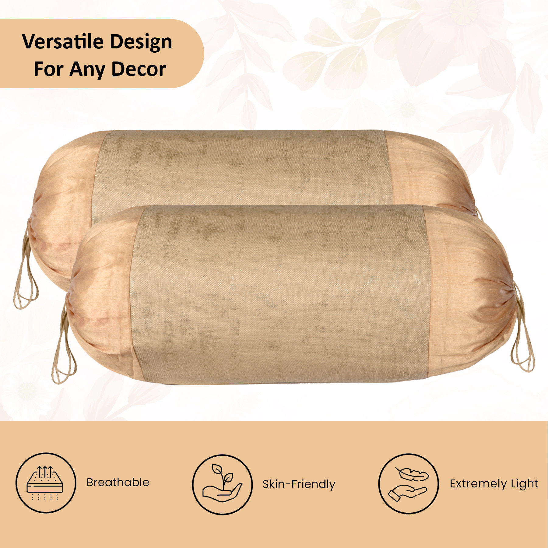 Kuber Industries Set of 2 16x30 Inches Aesthetic BolsterSide Pillow Cover  Washable Cylindrical Takiya  Round Pillow Cover for Home Decoration  Golden Swiss Print - Beige