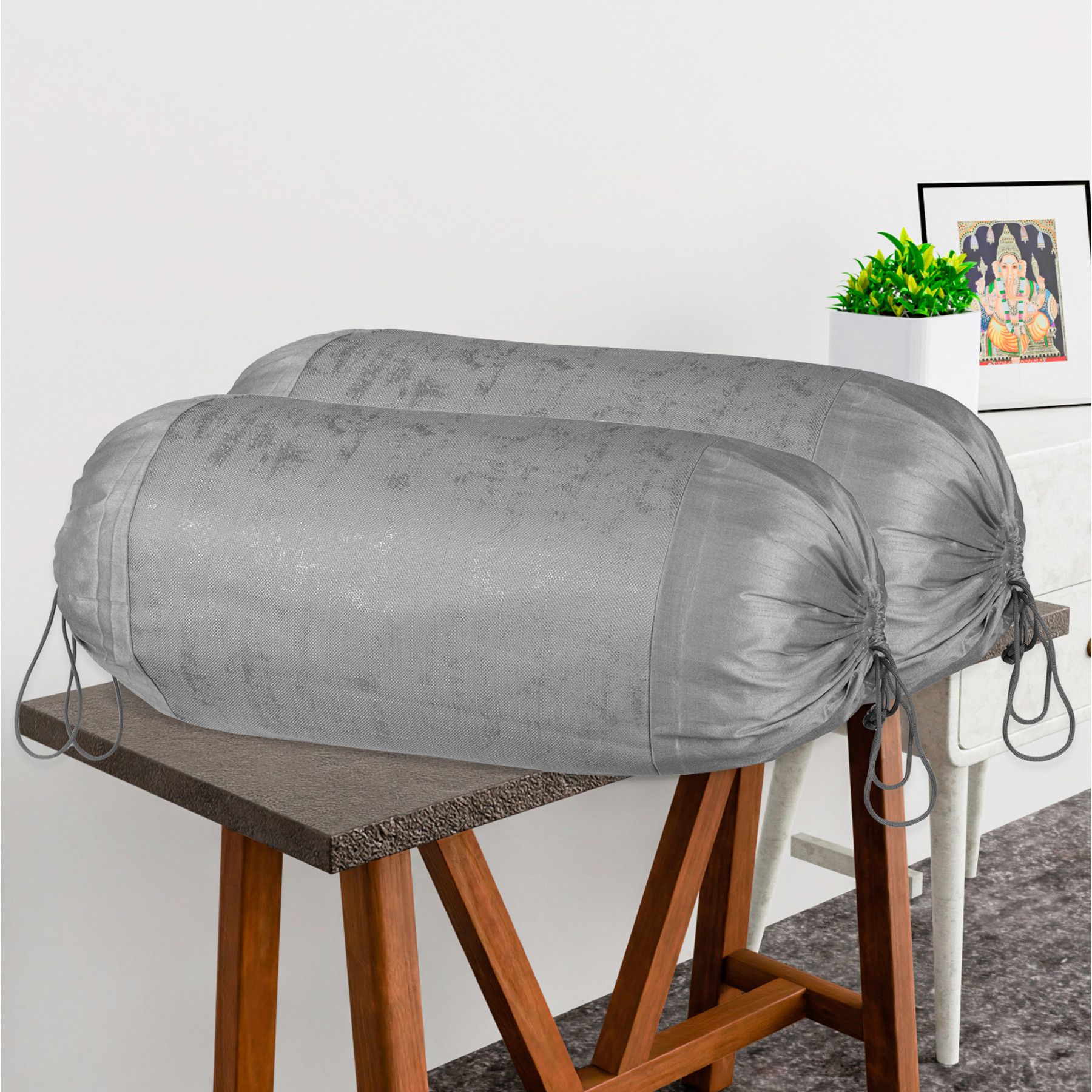 Kuber Industries Set of 2 16x30 Inches Aesthetic BolsterSide Pillow Cover  Washable Cylindrical Takiya  Round Pillow Cover for Home Decoration  Golden Swiss Print - Grey