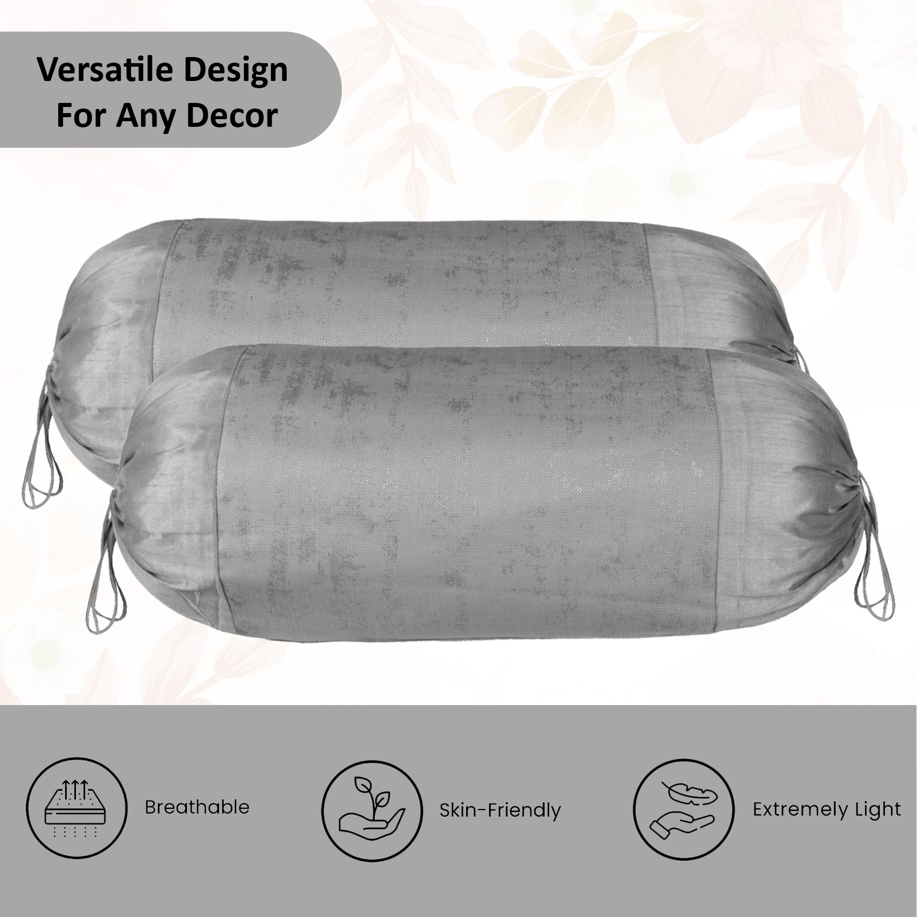 Kuber Industries Set of 2 16x30 Inches Aesthetic BolsterSide Pillow Cover  Washable Cylindrical Takiya  Round Pillow Cover for Home Decoration  Golden Swiss Print - Grey