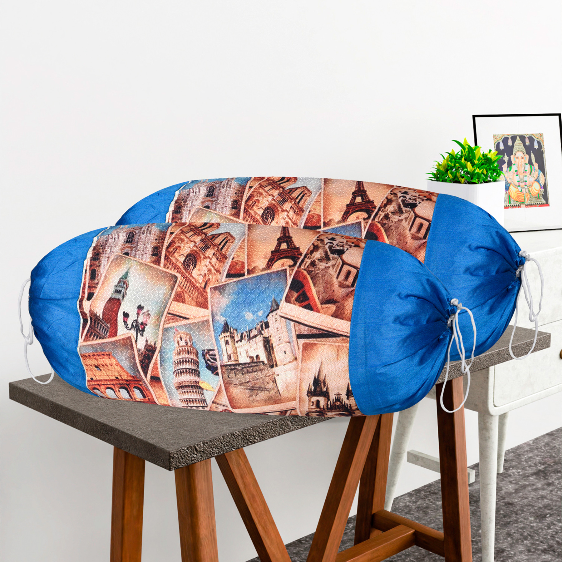 Kuber Industries Set of 2 BolsterSide Pillow Cover  16x32 Cylindrical MaslandMasand Long Pillow Cover For Diwan Pillows  Tourism- Blue