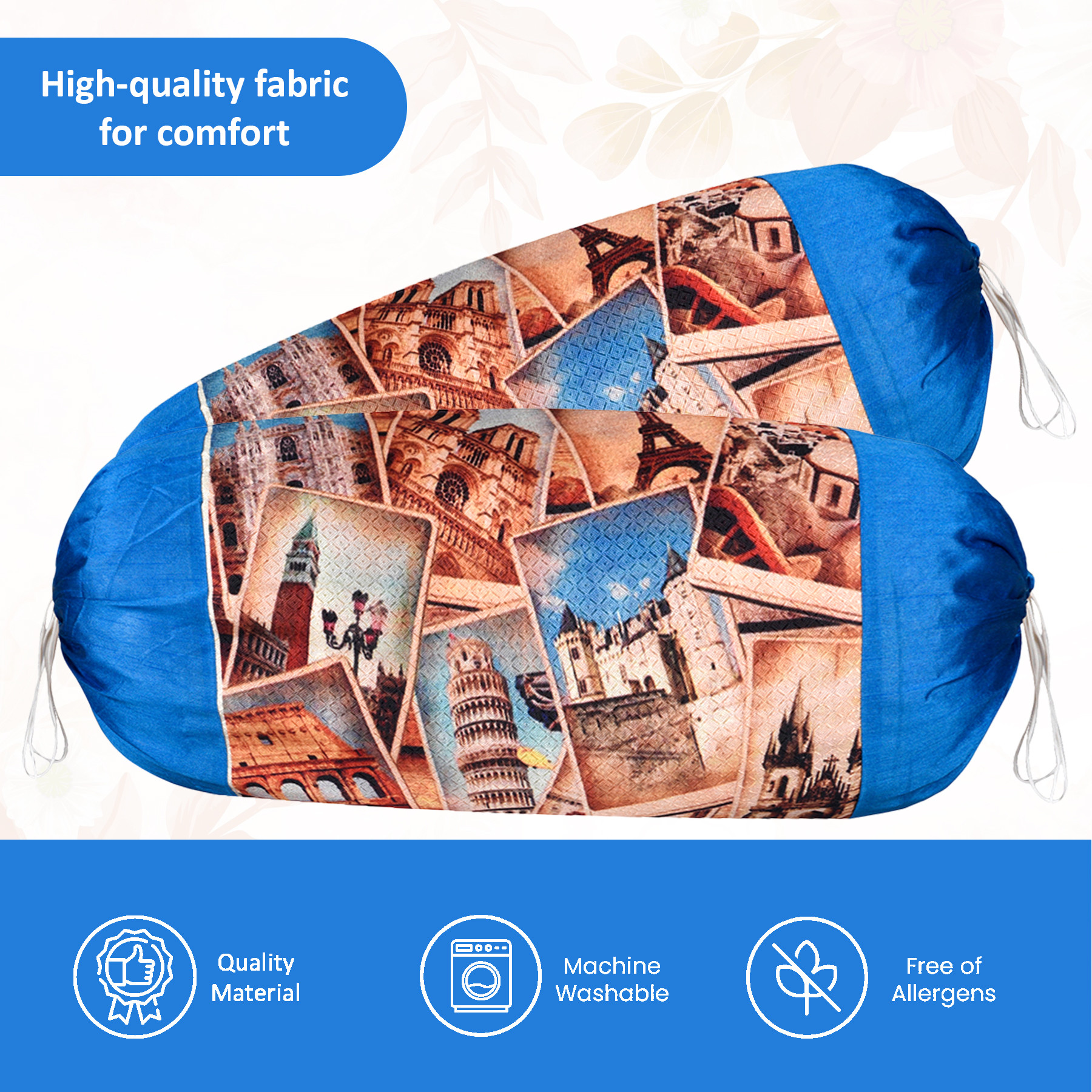 Kuber Industries Set of 2 BolsterSide Pillow Cover  16x32 Cylindrical MaslandMasand Long Pillow Cover For Diwan Pillows  Tourism- Blue