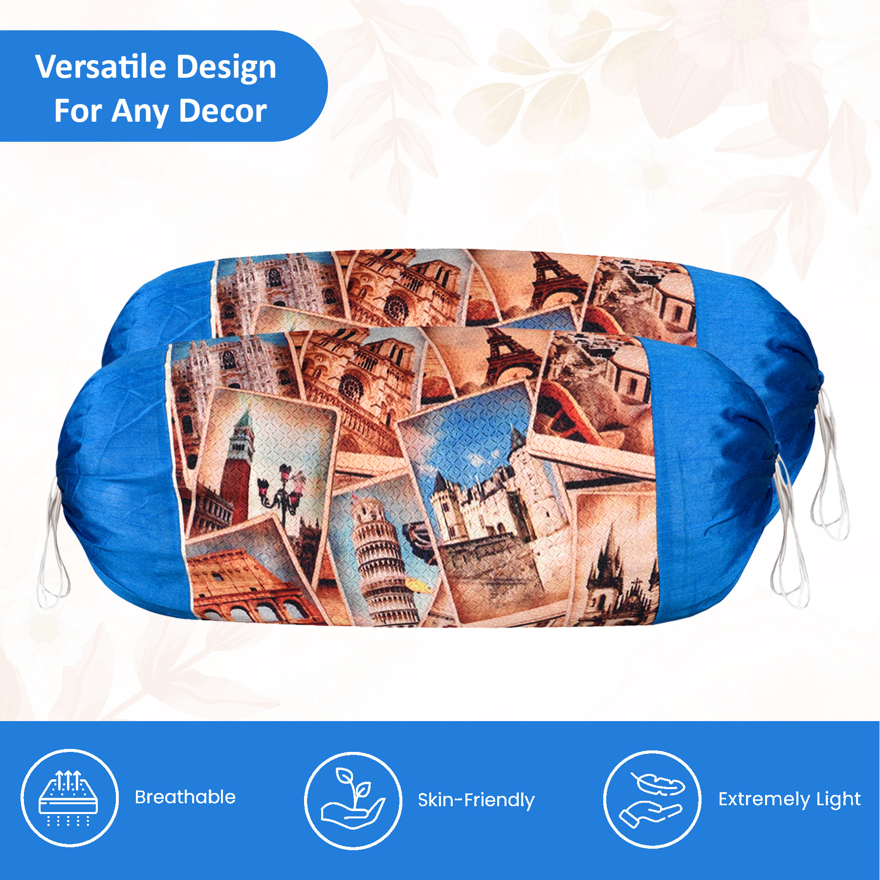Kuber Industries Set of 2 BolsterSide Pillow Cover  16x32 Cylindrical MaslandMasand Long Pillow Cover For Diwan Pillows  Tourism- Blue