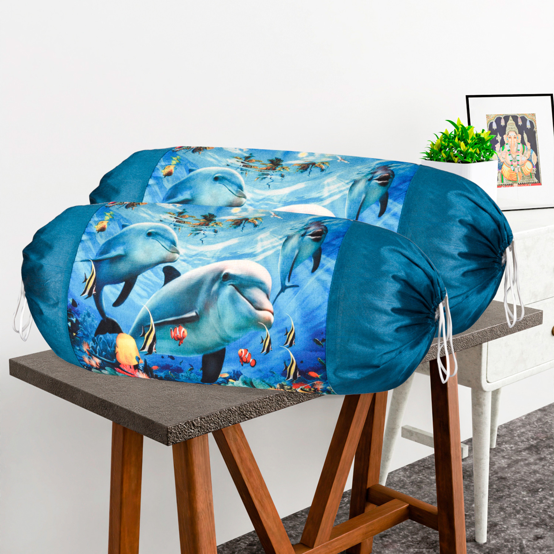 Kuber Industries Set of 2 BolsterSide Pillow Cover  16x32 Cylindrical MaslandMasand Long Pillow Cover For Diwan Pillows  Dolphin- Blue