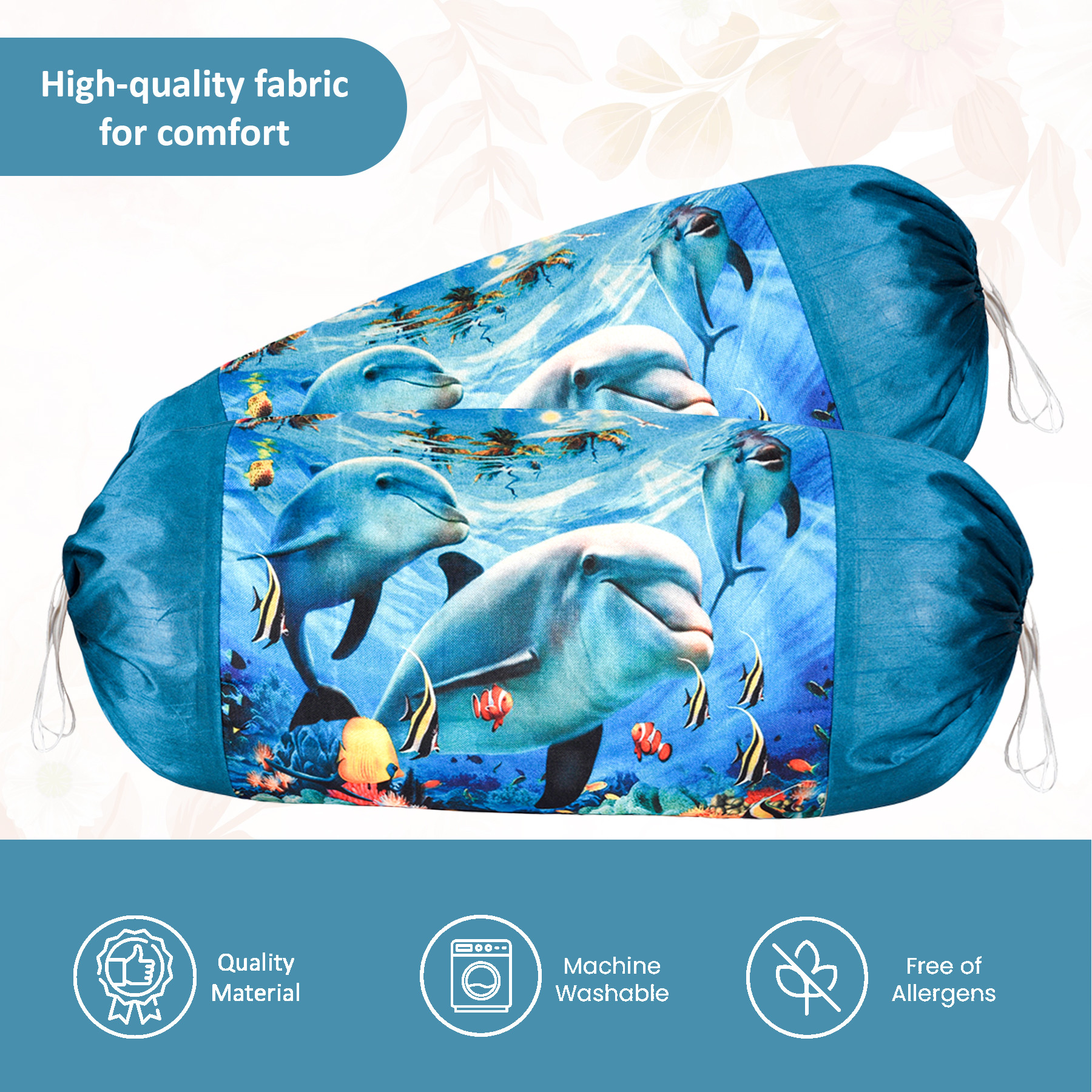 Kuber Industries Set of 2 BolsterSide Pillow Cover  16x32 Cylindrical MaslandMasand Long Pillow Cover For Diwan Pillows  Dolphin- Blue