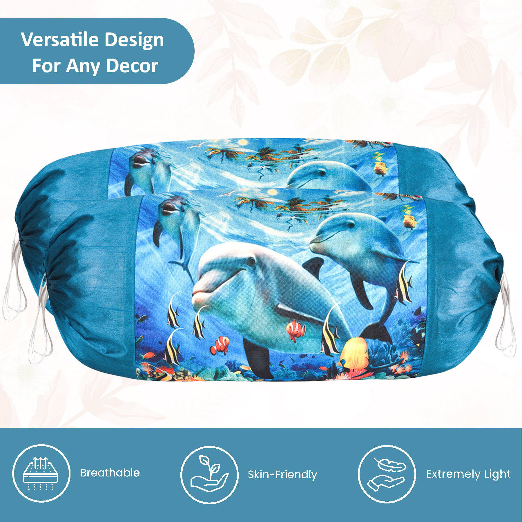 Kuber Industries Set of 2 BolsterSide Pillow Cover  16x32 Cylindrical MaslandMasand Long Pillow Cover For Diwan Pillows  Dolphin- Blue