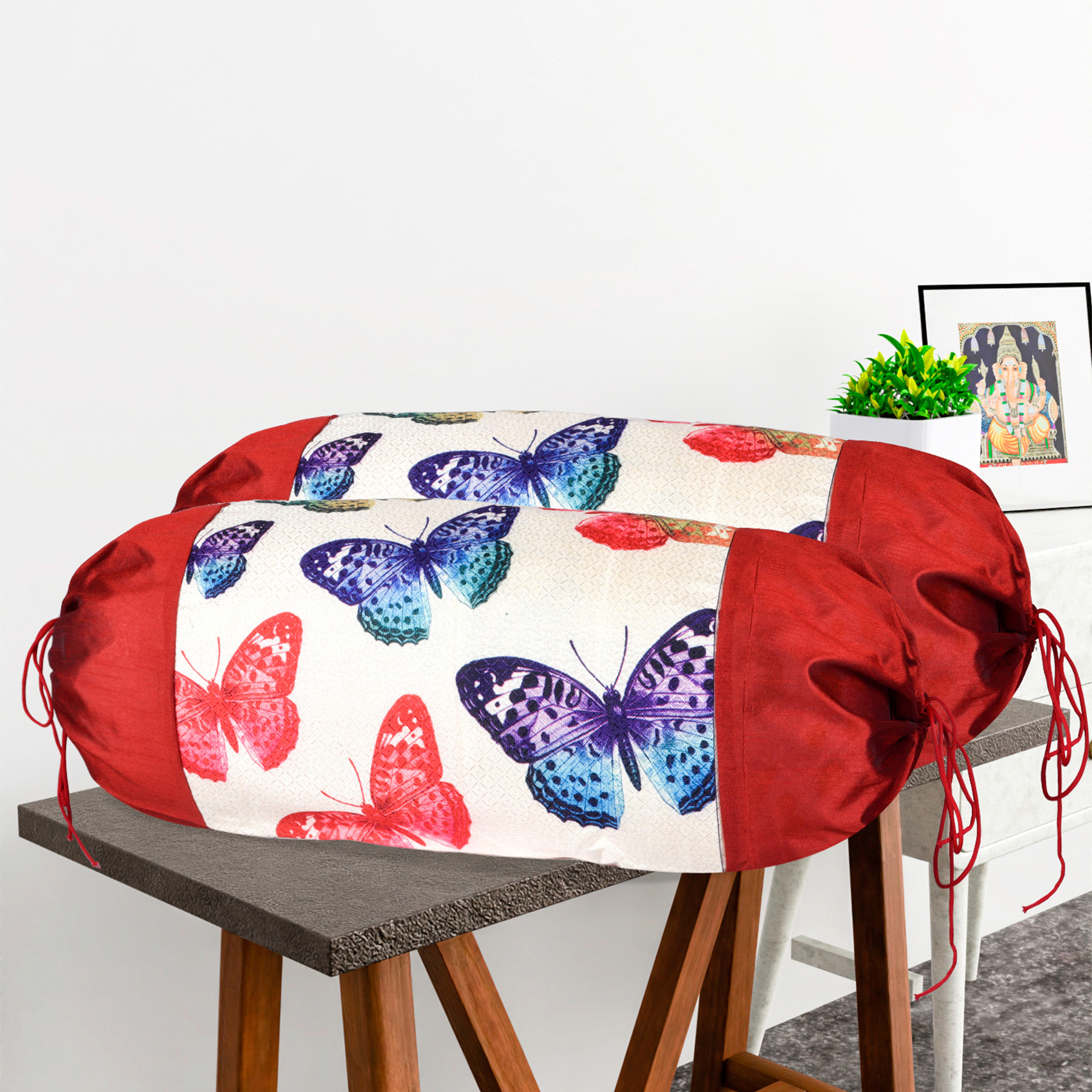 Kuber Industries Set of 2 BolsterSide Pillow Cover  16x32 Cylindrical MaslandMasand Long Pillow Cover For Diwan Pillows  Butterfly-Cream