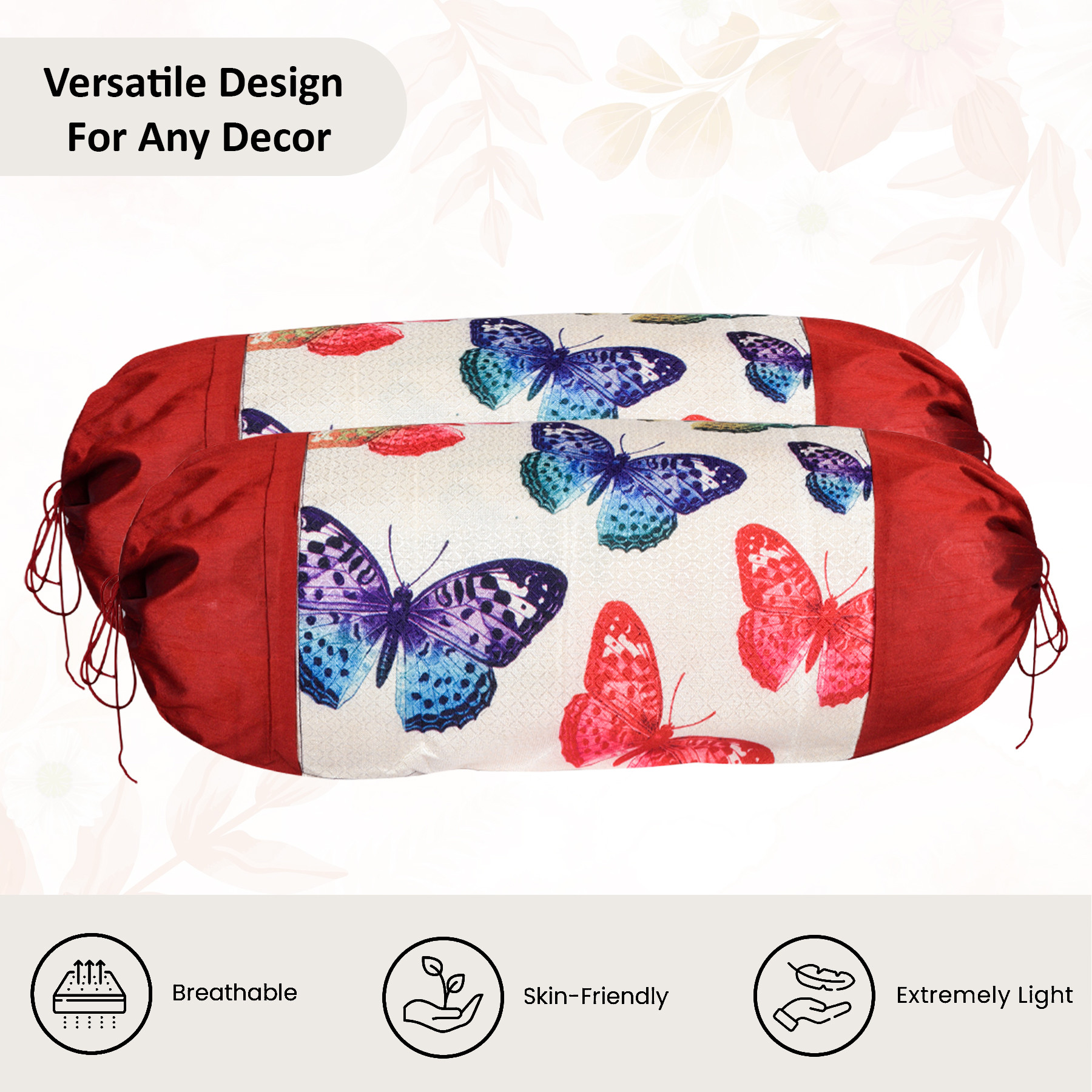 Kuber Industries Set of 2 BolsterSide Pillow Cover  16x32 Cylindrical MaslandMasand Long Pillow Cover For Diwan Pillows  Butterfly-Cream