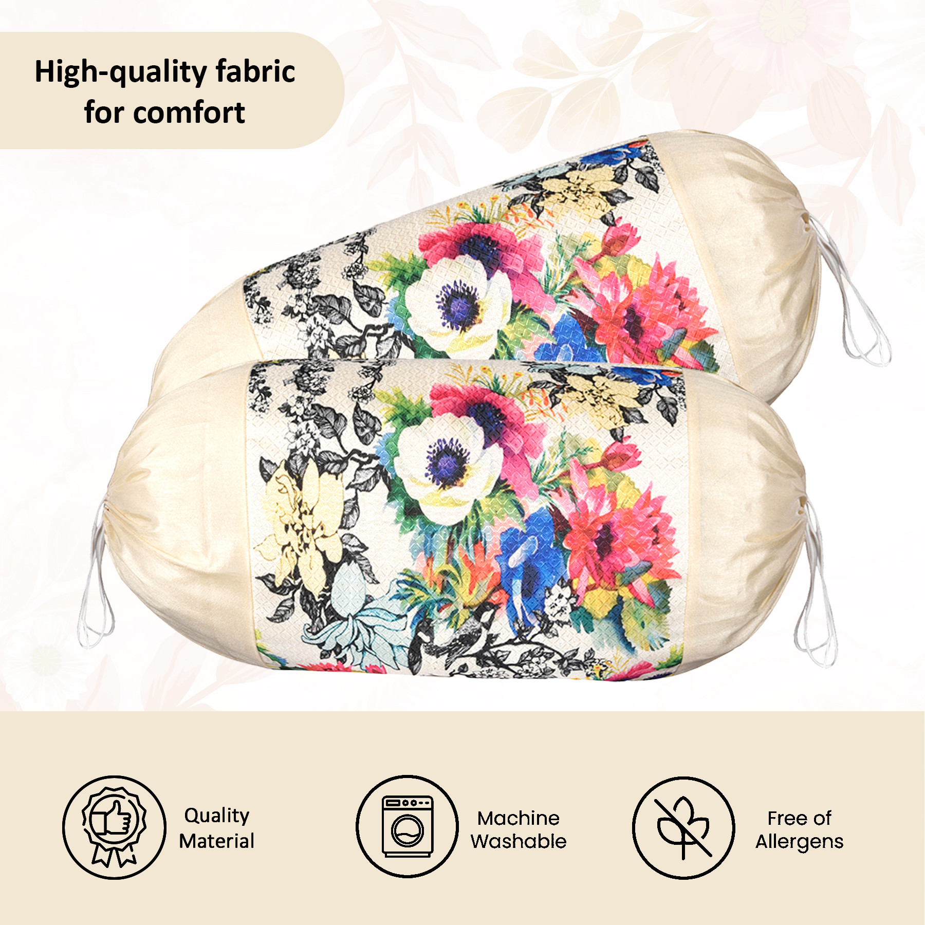 Kuber Industries Set of 2 BolsterSide Pillow Cover  16x32 Cylindrical MaslandMasand Long Pillow Cover For Diwan Pillows  Mix Flower-Cream