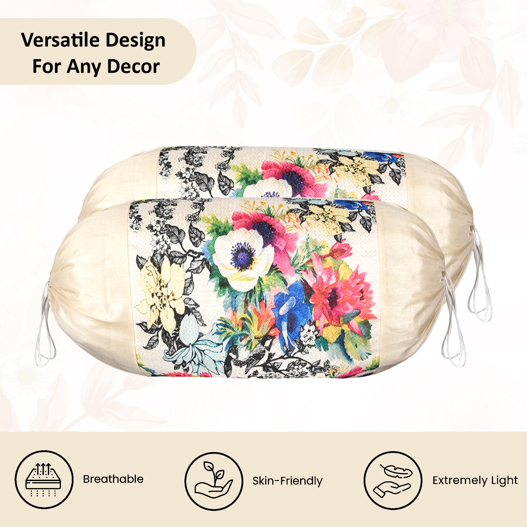 Kuber Industries Set of 2 BolsterSide Pillow Cover  16x32 Cylindrical MaslandMasand Long Pillow Cover For Diwan Pillows  Mix Flower-Cream