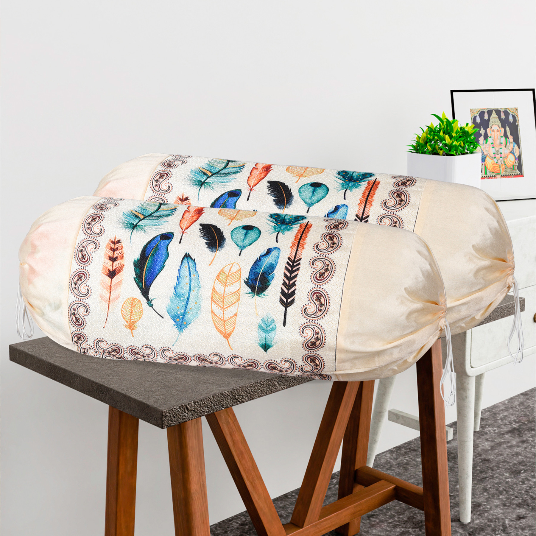 Kuber Industries Set of 2 BolsterSide Pillow Cover  16x32 Cylindrical MaslandMasand Long Pillow Cover For Diwan Pillows  Multi Feather-Cream