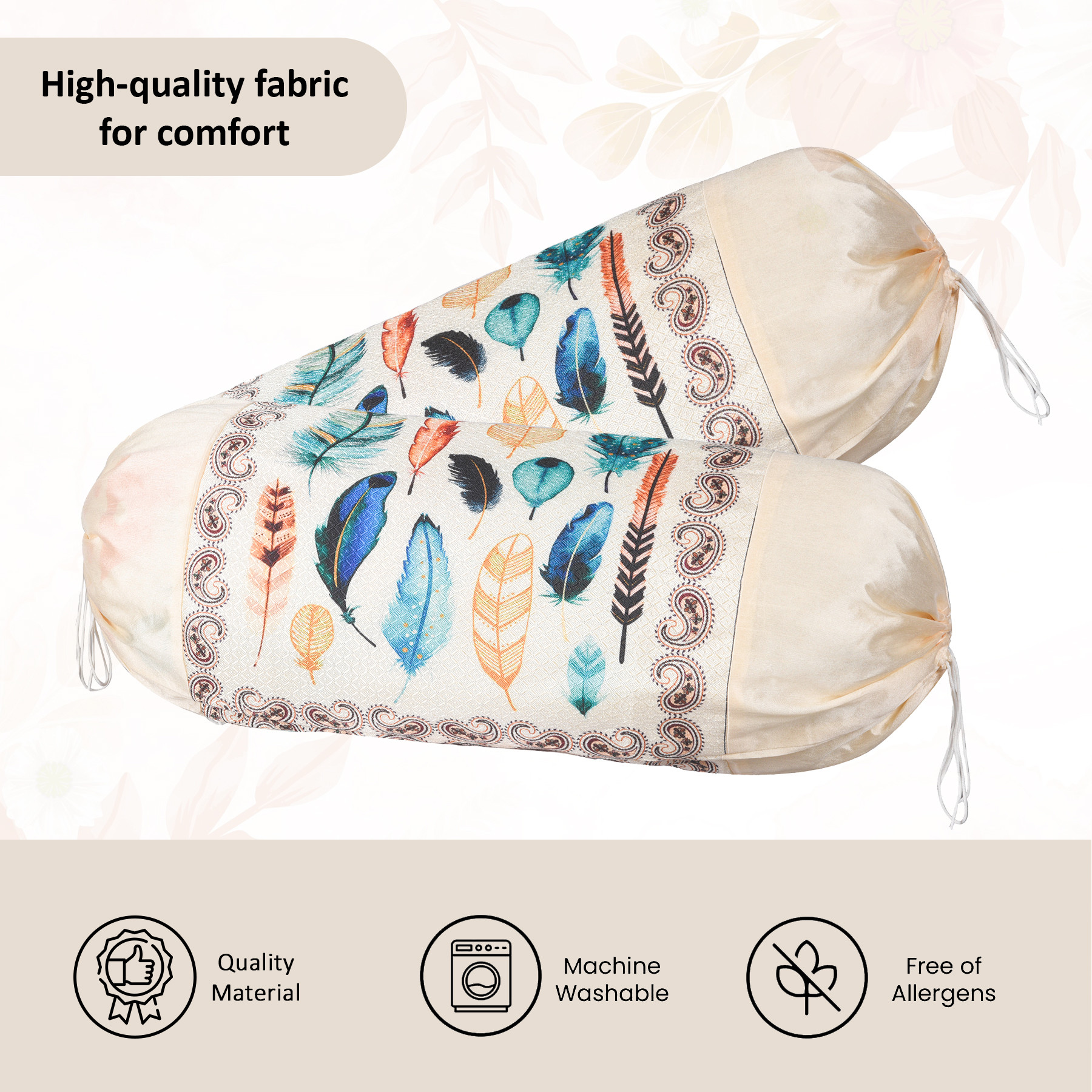 Kuber Industries Set of 2 BolsterSide Pillow Cover  16x32 Cylindrical MaslandMasand Long Pillow Cover For Diwan Pillows  Multi Feather-Cream
